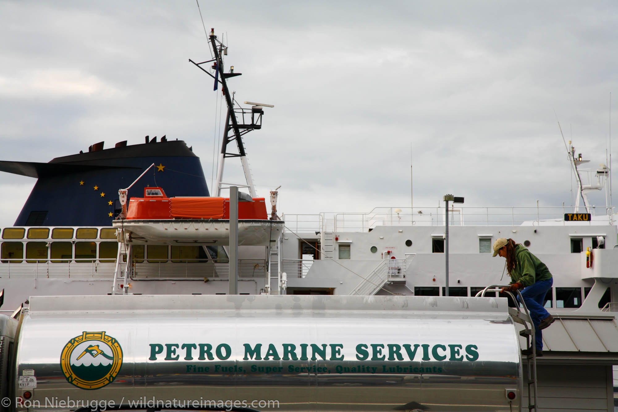 Petro Marine Services truck delivering fuel to the Alaska State Ferry, Juneau, Alaska.
