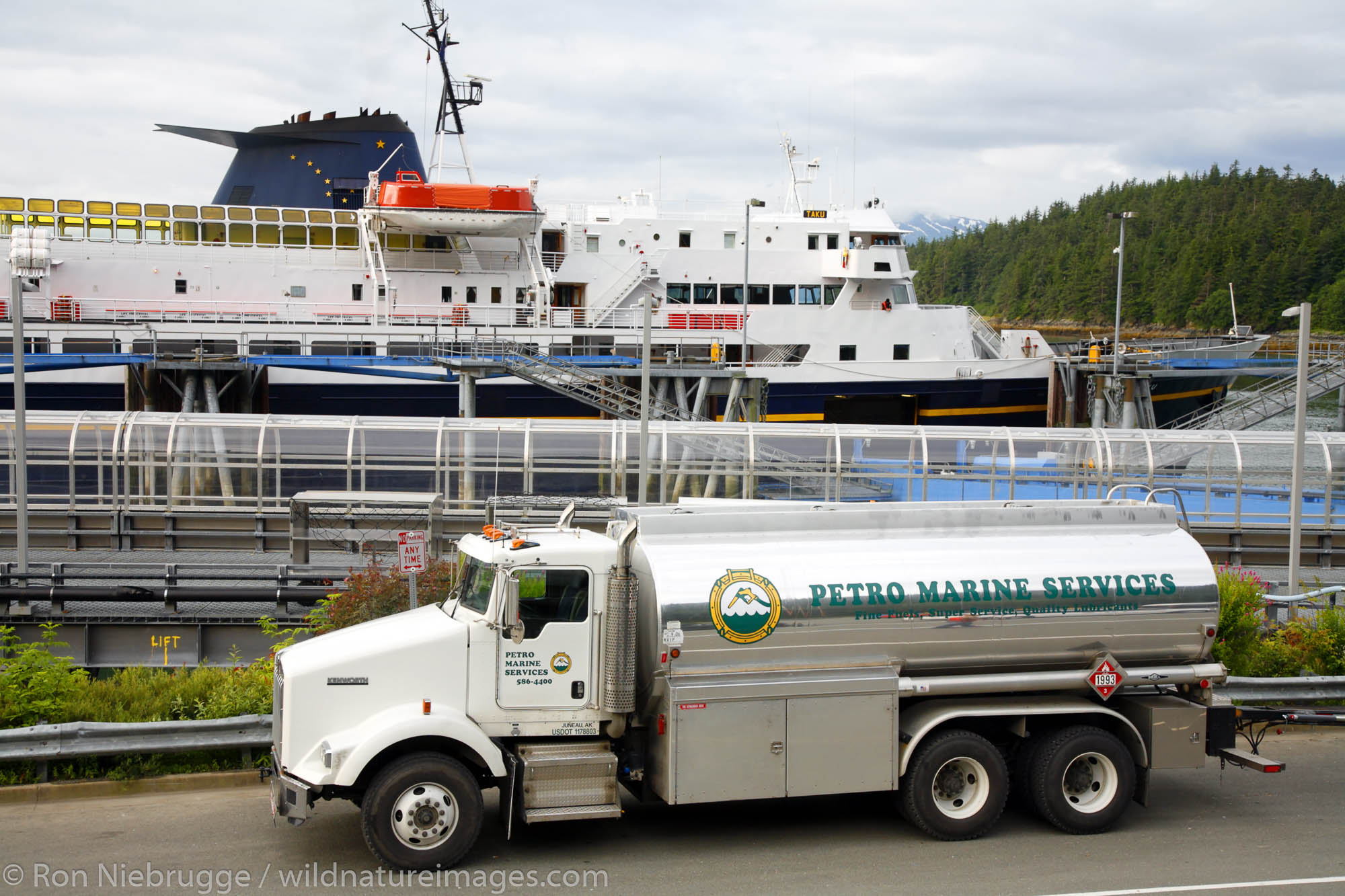 Petro Marine Services truck delivering fuel to the Alaska State Ferry, Juneau, Alaska.