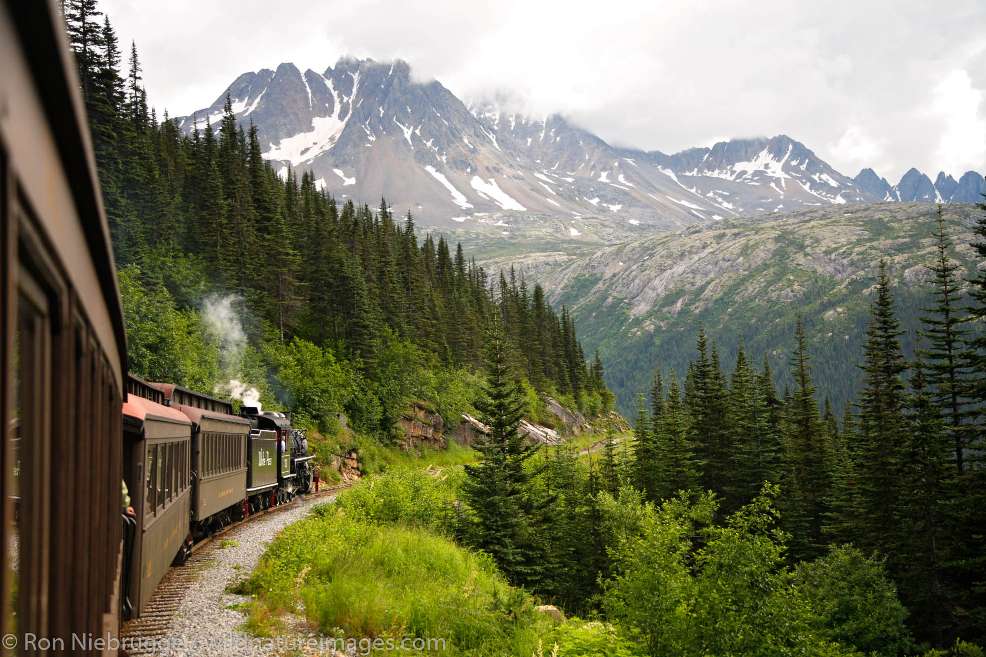 Aboard the White Pass Yukon Route Railroad from Skagway, Alaska on historic steam engine 73..