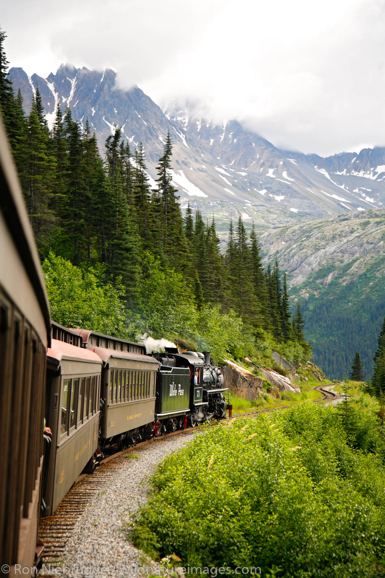 Aboard the White Pass Yukon Route Railroad from Skagway, Alaska on historic steam engine 73..