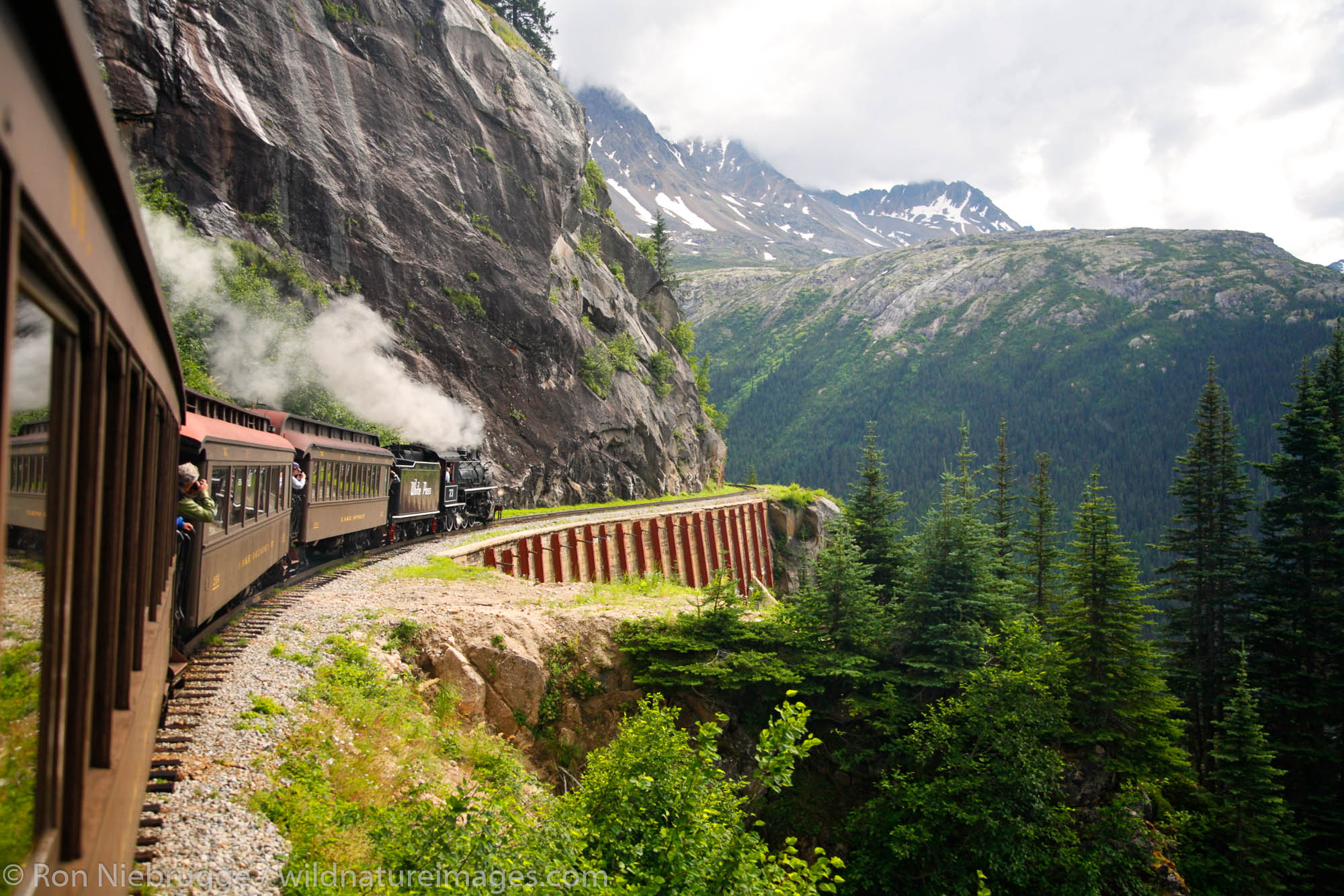 Aboard the White Pass Yukon Route Railroad from Skagway, Alaska on historic steam engine 73..