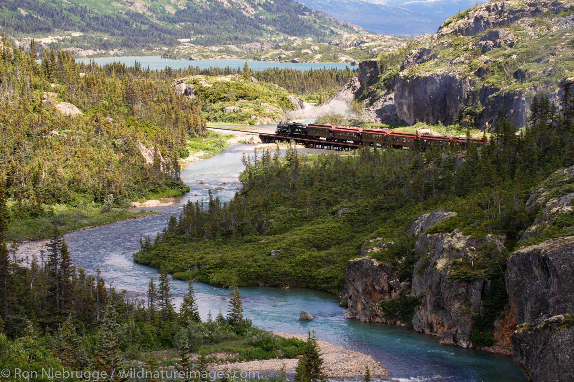 The historic steam engine number 73 of the White Pass and Yukon Route railroad passing through White Pass, British Columbia...