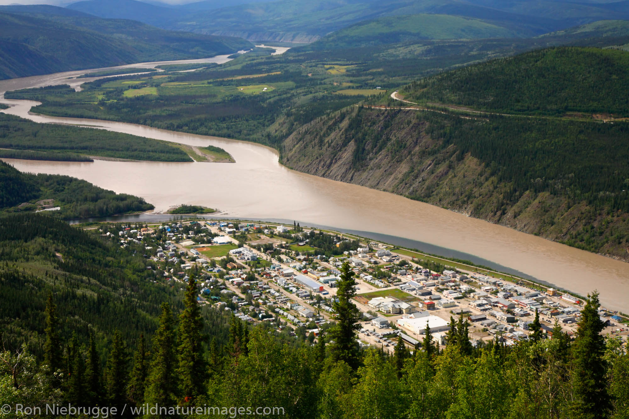The Yukon River and the historic gold rush town of Dawson City, Yukon Territory, Canada.