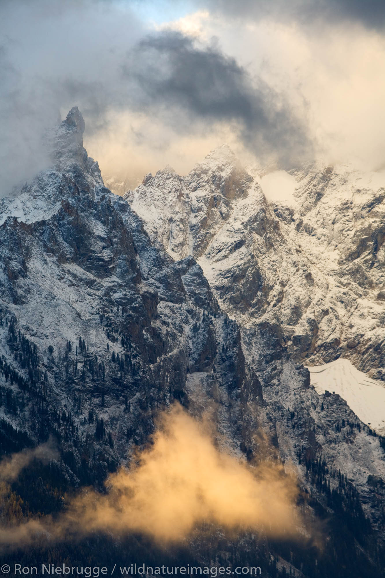 Close up of Grand Teton in a snow storm, Grand Teton National Park, Wyoming.