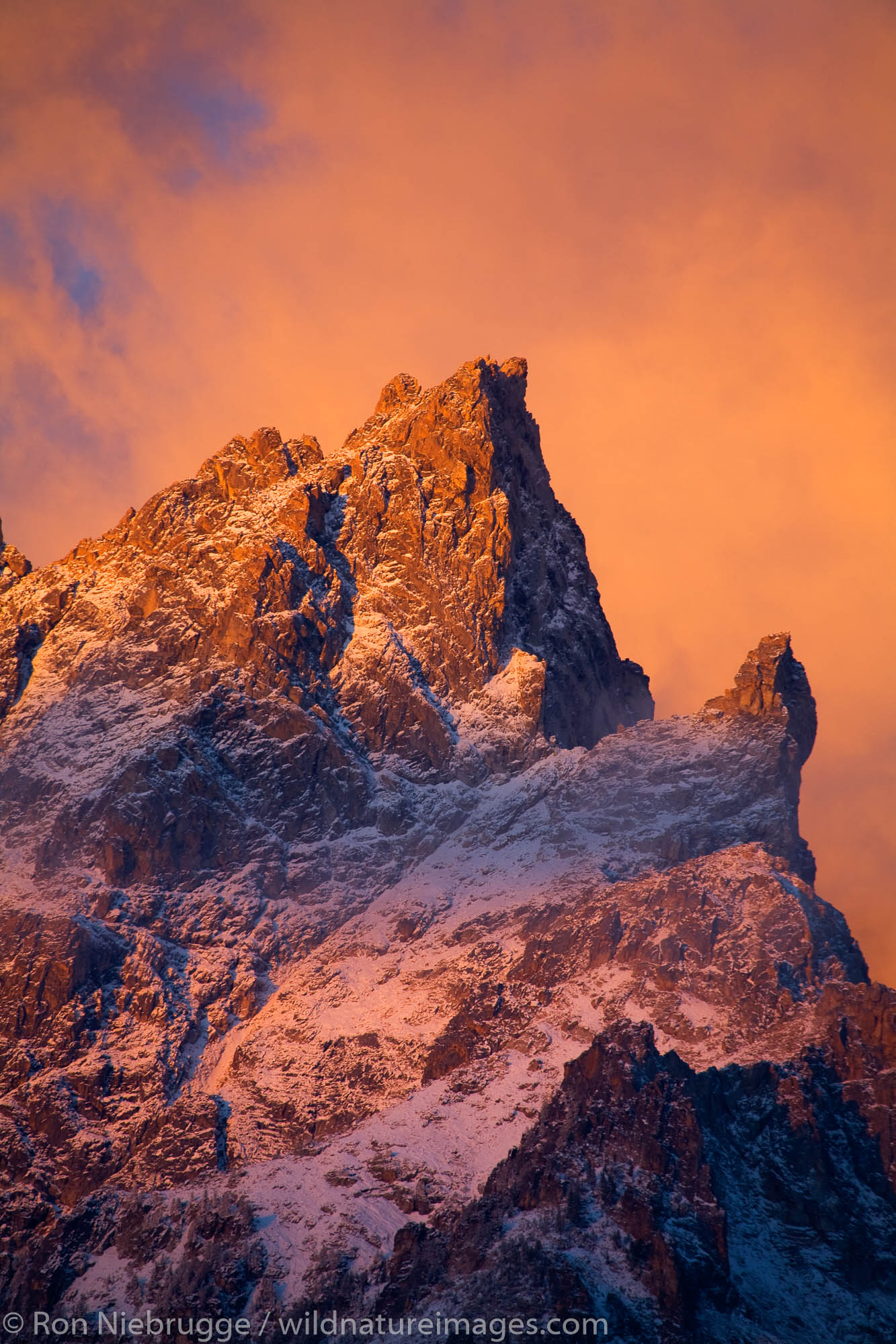 Close up of Grand Teton at sunrise after a snowstorm, Grand Teton National Park, Wyoming.