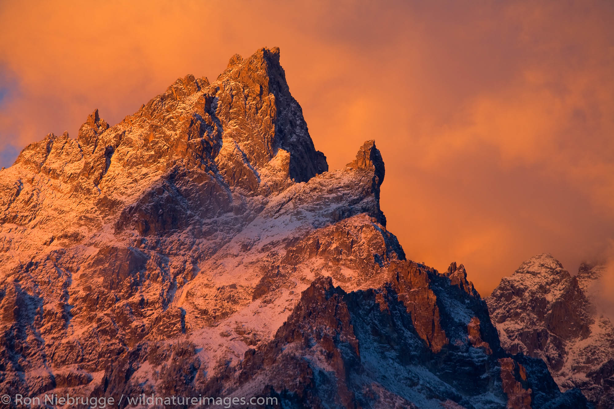 Close up of Grand Teton at sunrise after a snowstorm, Grand Teton National Park, Wyoming.