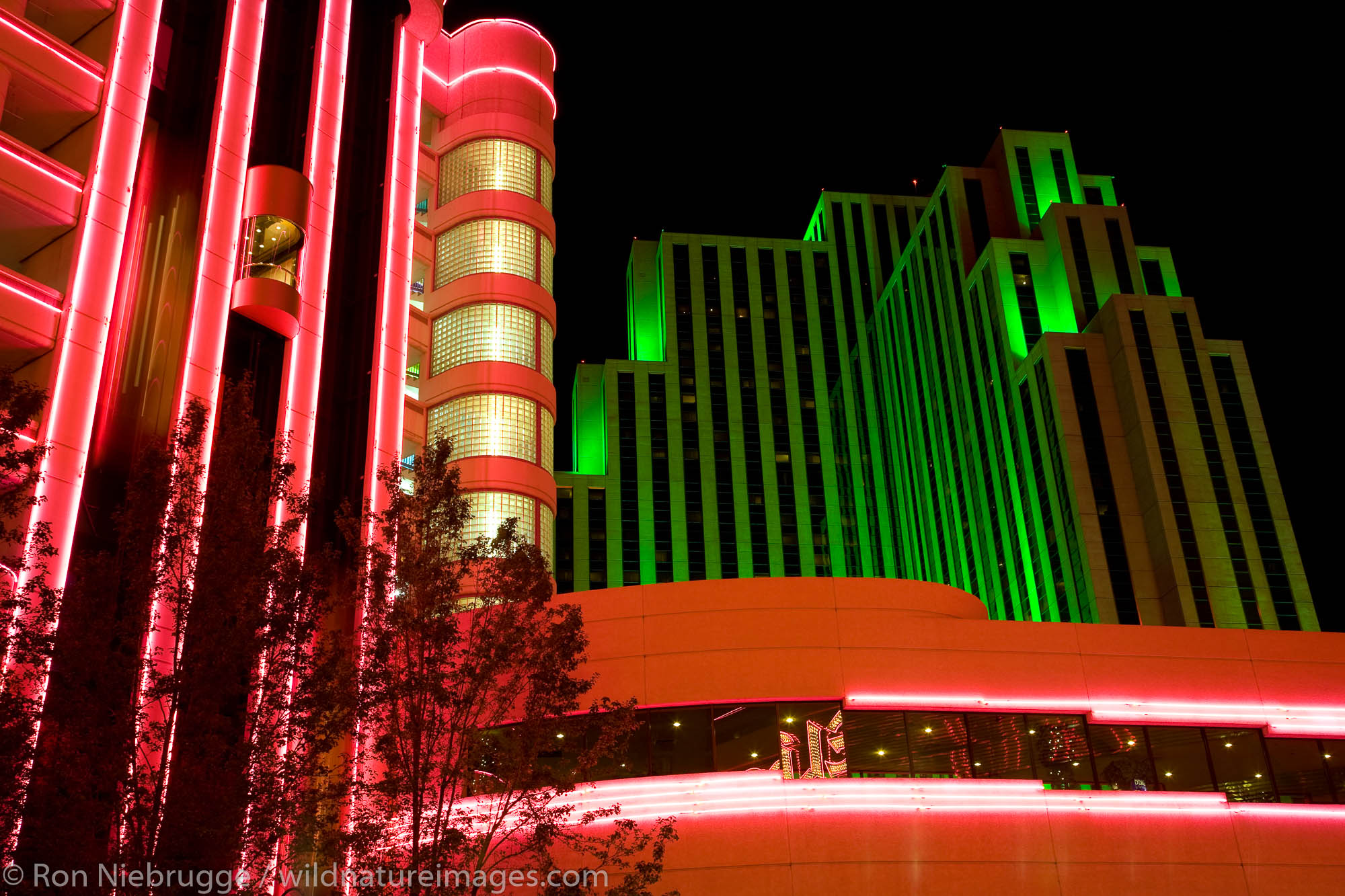 Neon light buildings including the Eldorado Hotel and Casino downtown Reno Nevada.