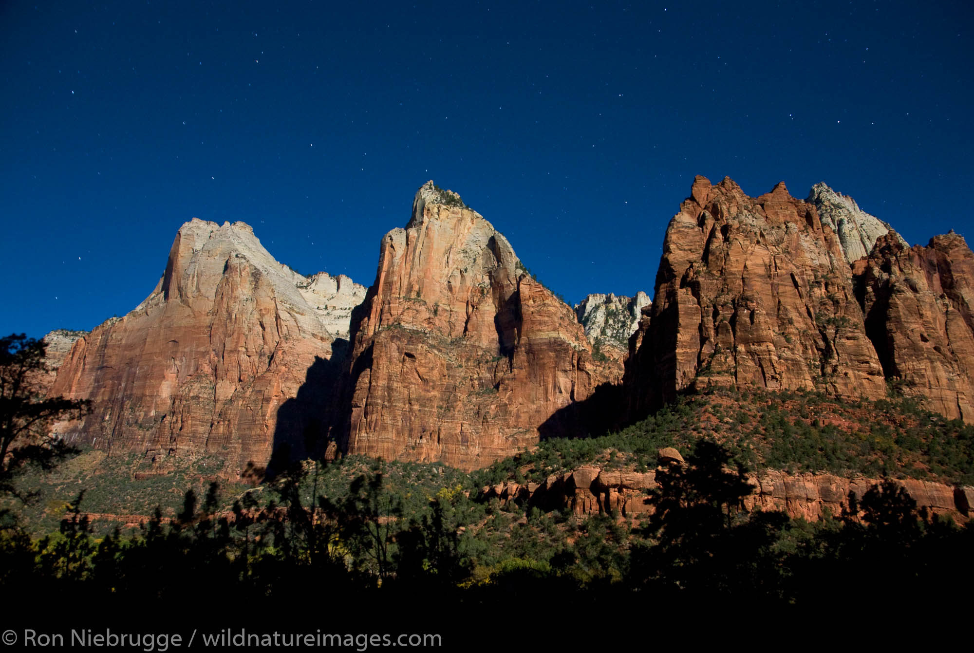 The Court of the Patriarchs illuminated by the full-moon at night, Zion National Park, Utah.