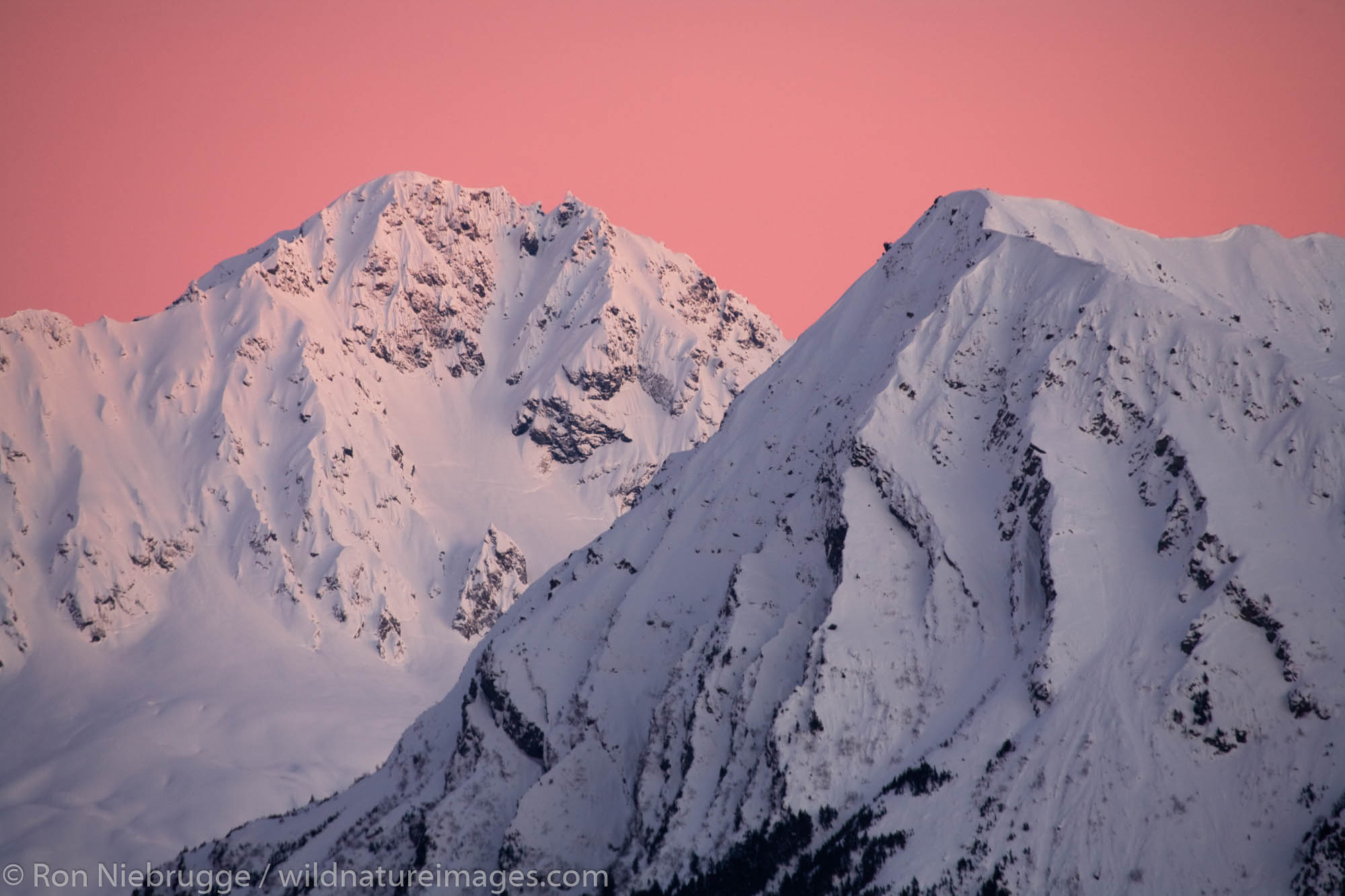 Alpenglow on the mountains of the Resurrection Peninsula, Seward, Alaska.