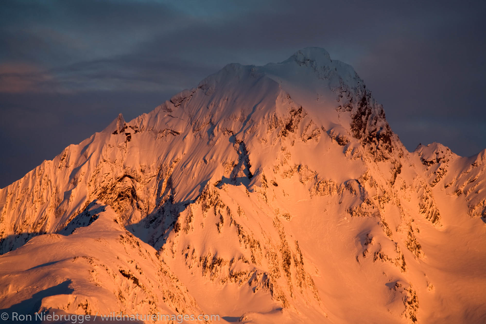 Alpenglow on Mt. Alice, Chugach National Forest, from Seward, Alaska.