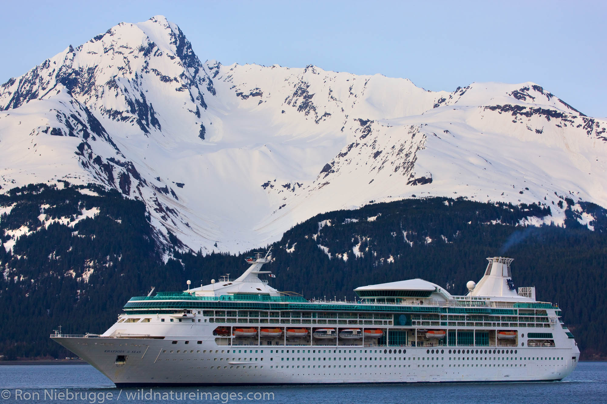 Royal Caribbean cruise ship Rhapsody of the Seas leaving Seward, Alaska.