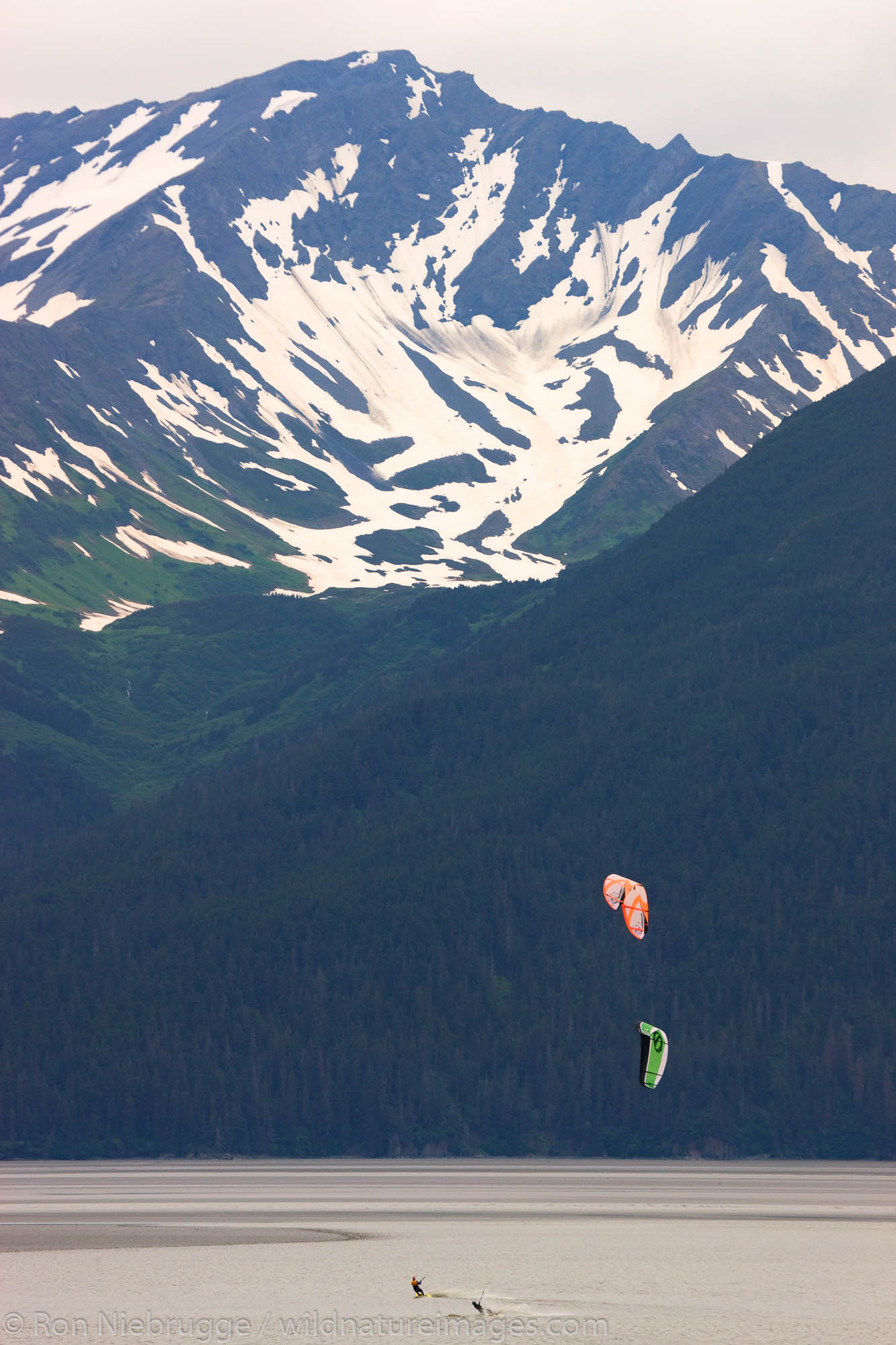 Troy and Mark kiteboarding on Turnagain Arm, near Anchorage, Alaska.