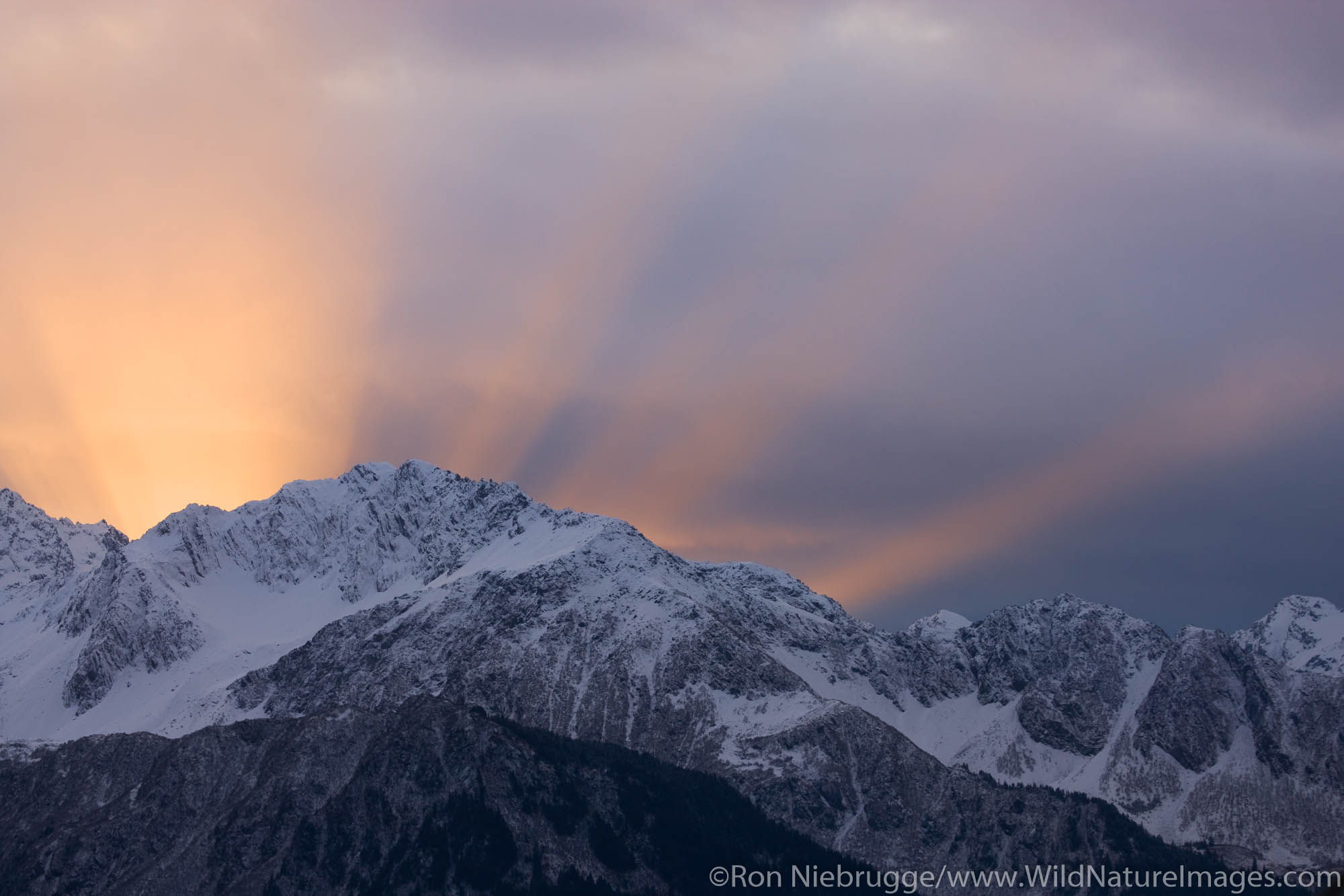 Sunrise of the mountains from Seward, Alaska.