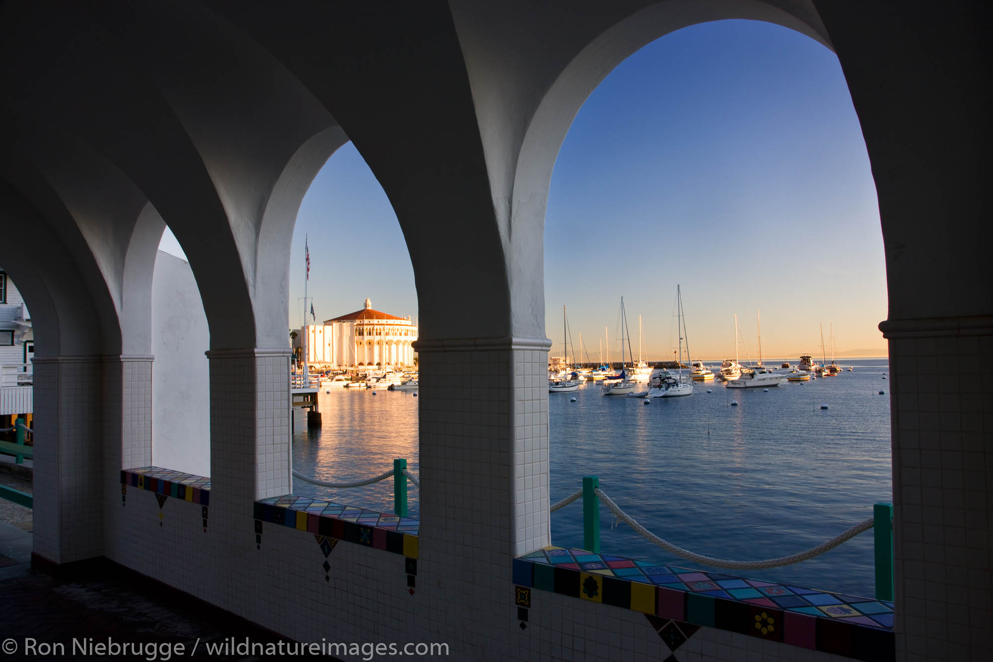 Walkway to the historic Casino building, Avalon, Catalina Island, California.