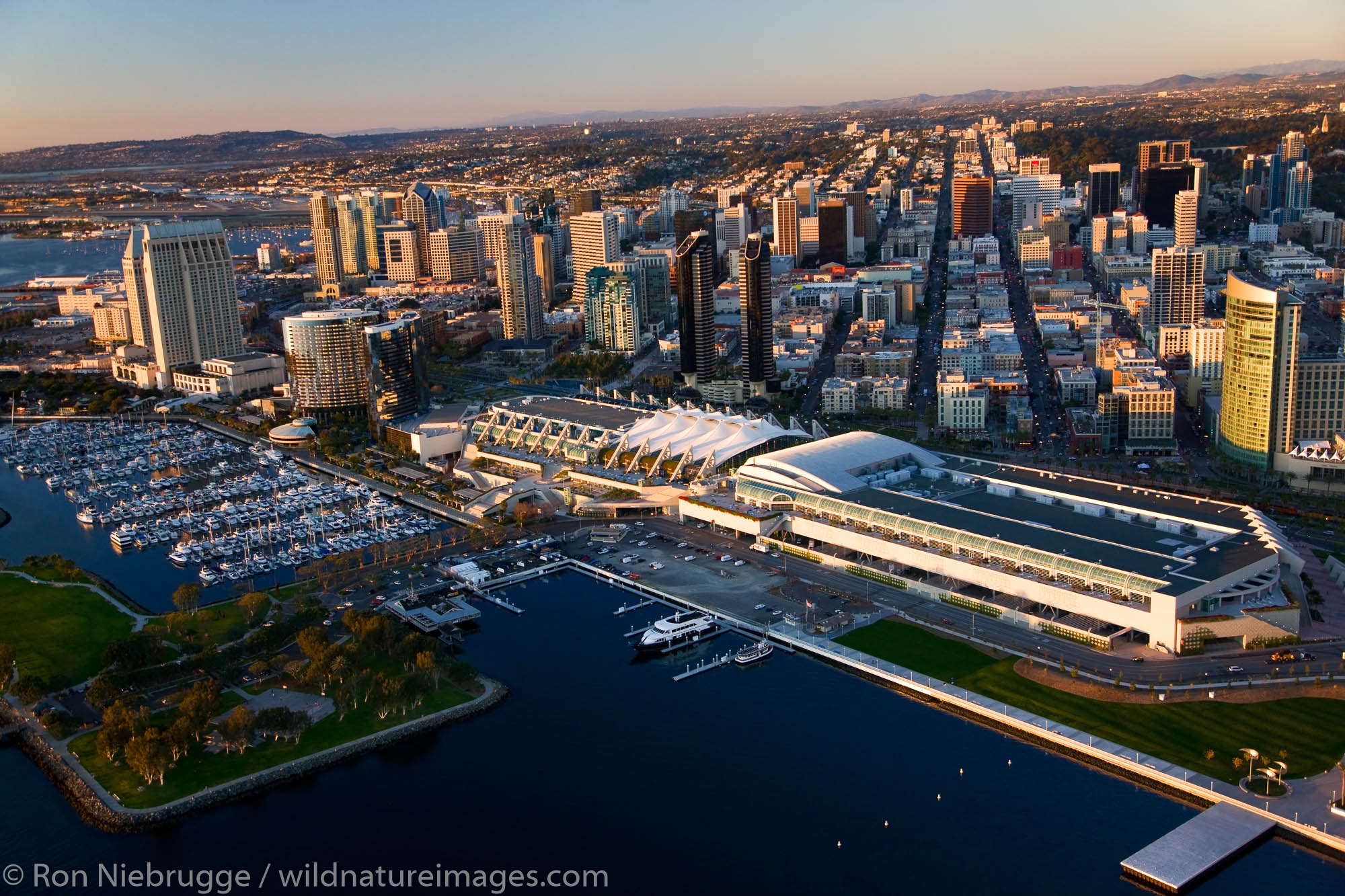 San Diego Convention Center, Seaport Village and the Embarcadero Marina Park, downtown San Diego, California.
