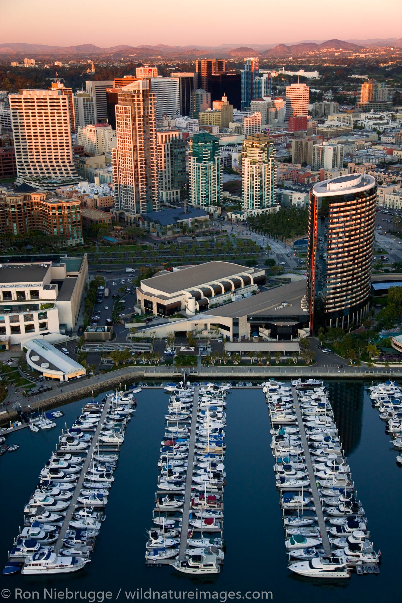 Marriott Hotel, Seaport Village and the Embarcadero Marina Park, downtown San Diego, California.