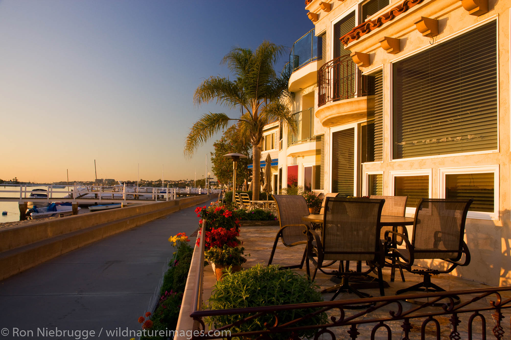 Scenic walkway around Balboa Island, Newport Beach, Orange County, California.