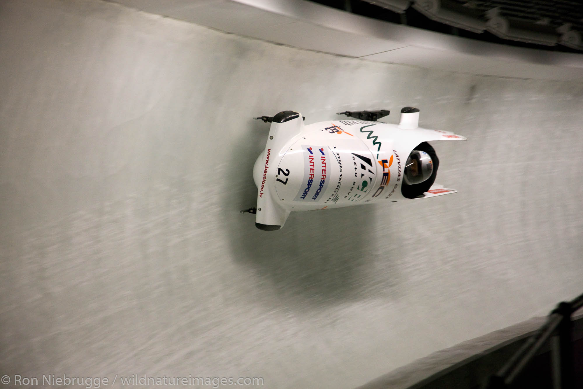 A bobsled during a World Cup practice at the Whistler Sliding Centre, a sports venue for the 2010 Vancouver Winter Olympics...