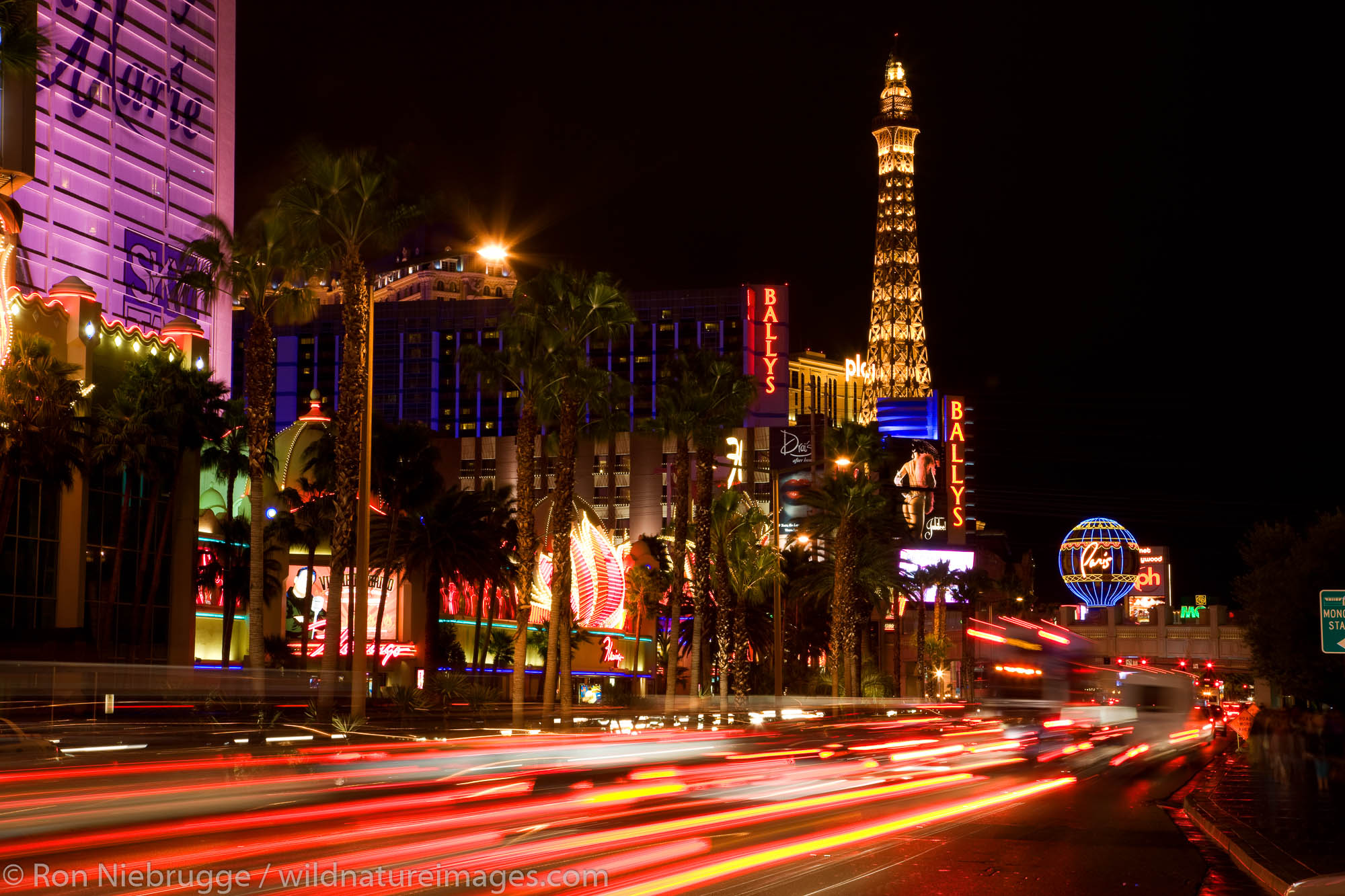 Looking towards the Paris Hotel and Casino on the Strip at night, Las Vegas, Nevada.