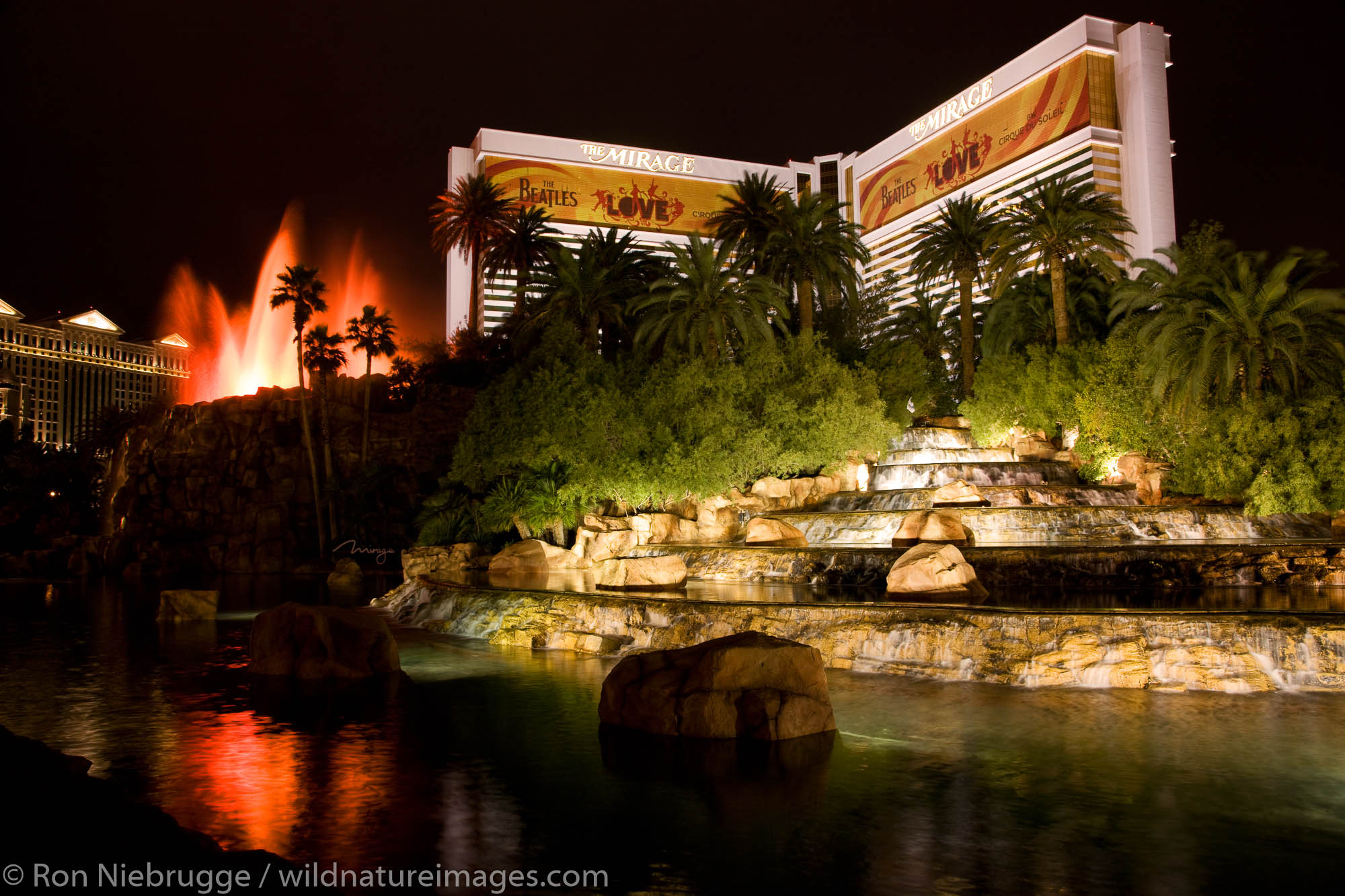 The volcano at the Mirage Hotel and Casino along the Strip at night, Las Vegas, Nevada.