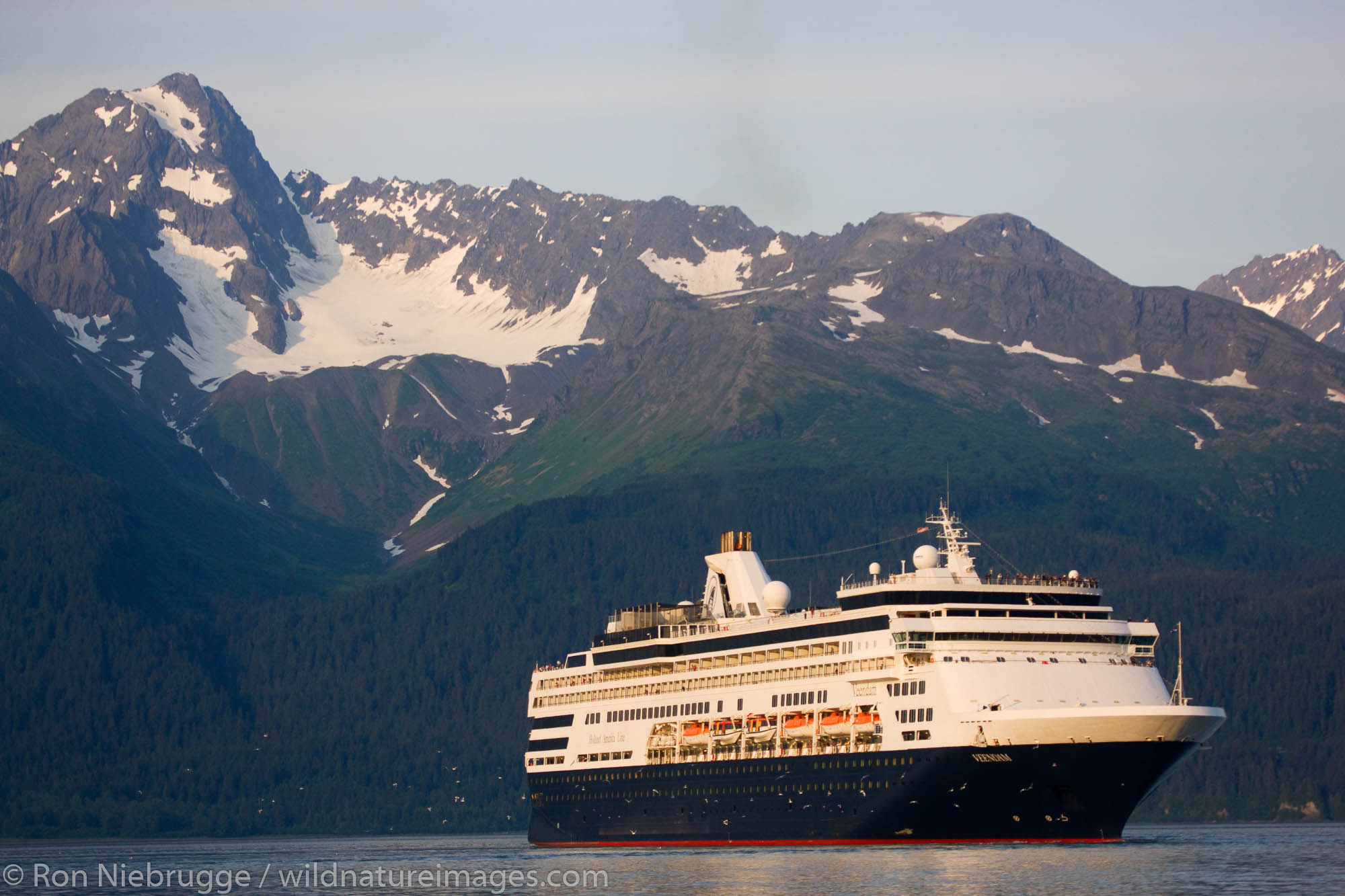 Holland America cruiseship Veendam leaving Resurrection Bay, Seward, Alaska.