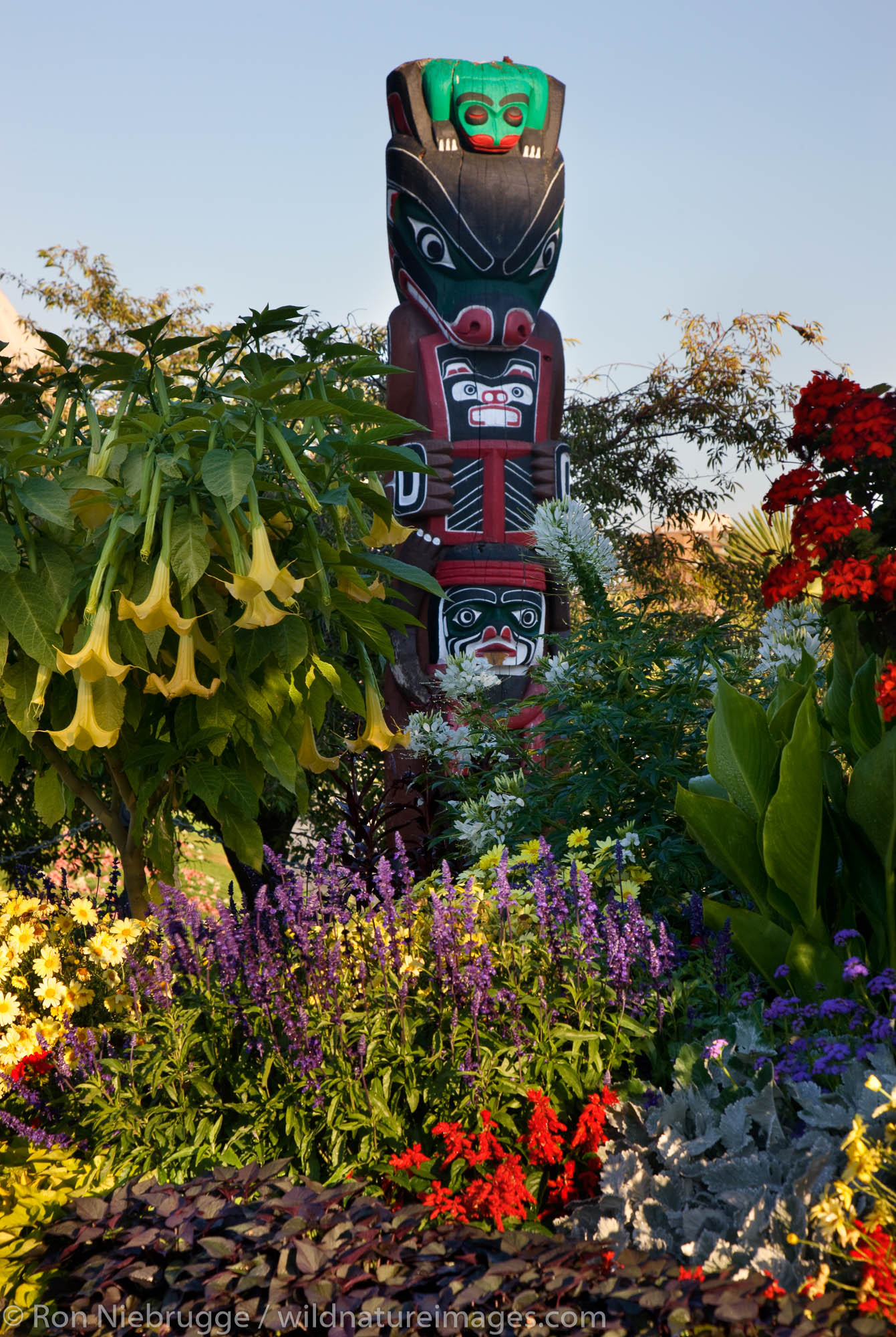 Flowers and a totem pole along the  Inner Harbour, Victoria, Vancouver Island, British Columbia, Canada.