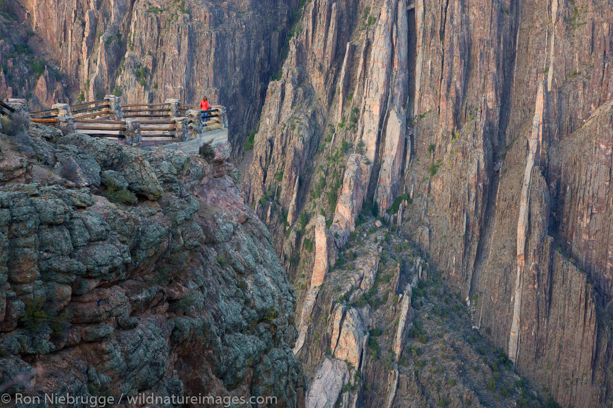 A hiker enjoys the viewpoint at Gunnison Point, Black Canyon of the Gunnison National Park, Colorado.  (model released)