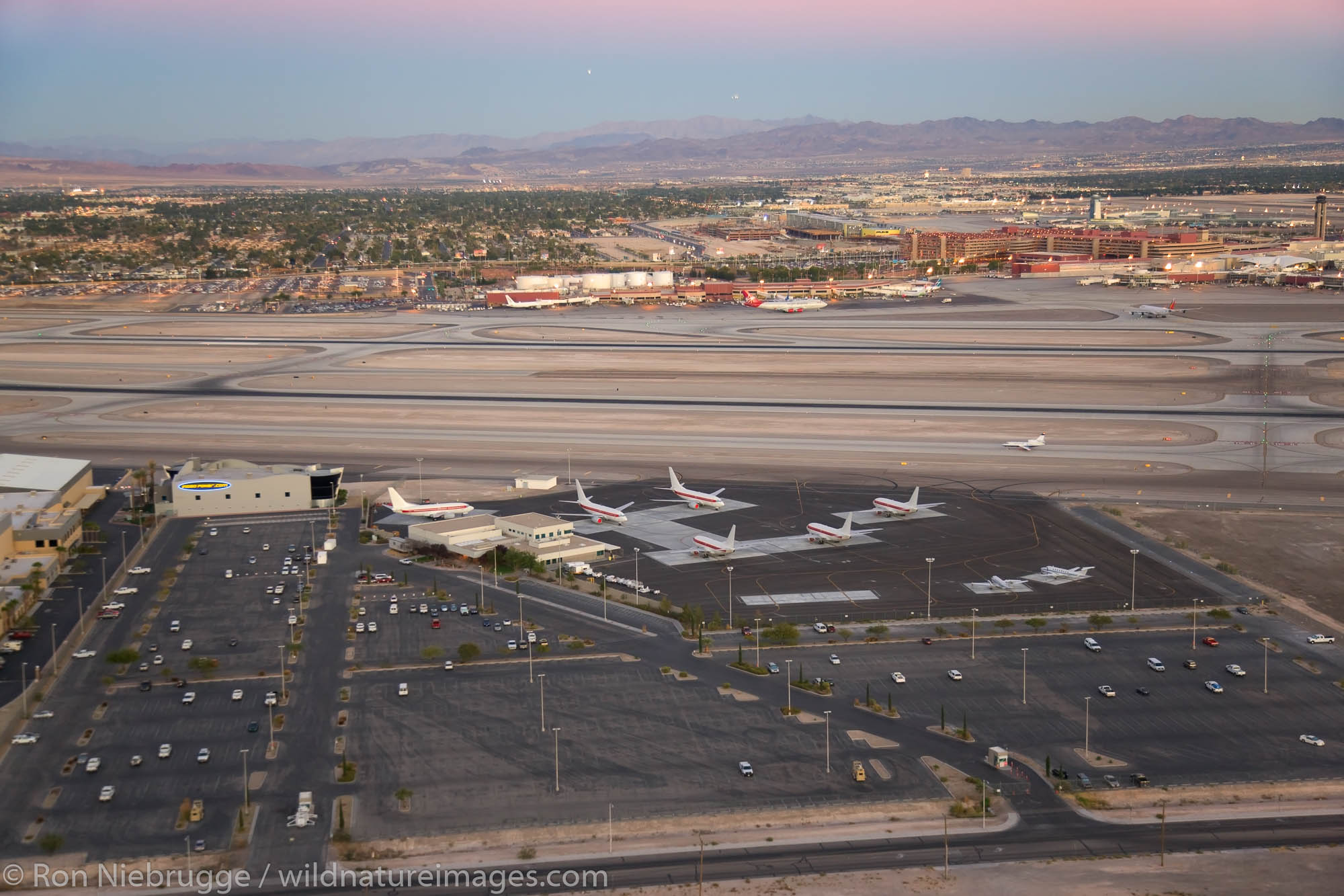 Aerial view of the Janet Airlines Terminal at McCarran International Airport, Las Vegas, Nevada.  Janet Airlines shuttles workers...