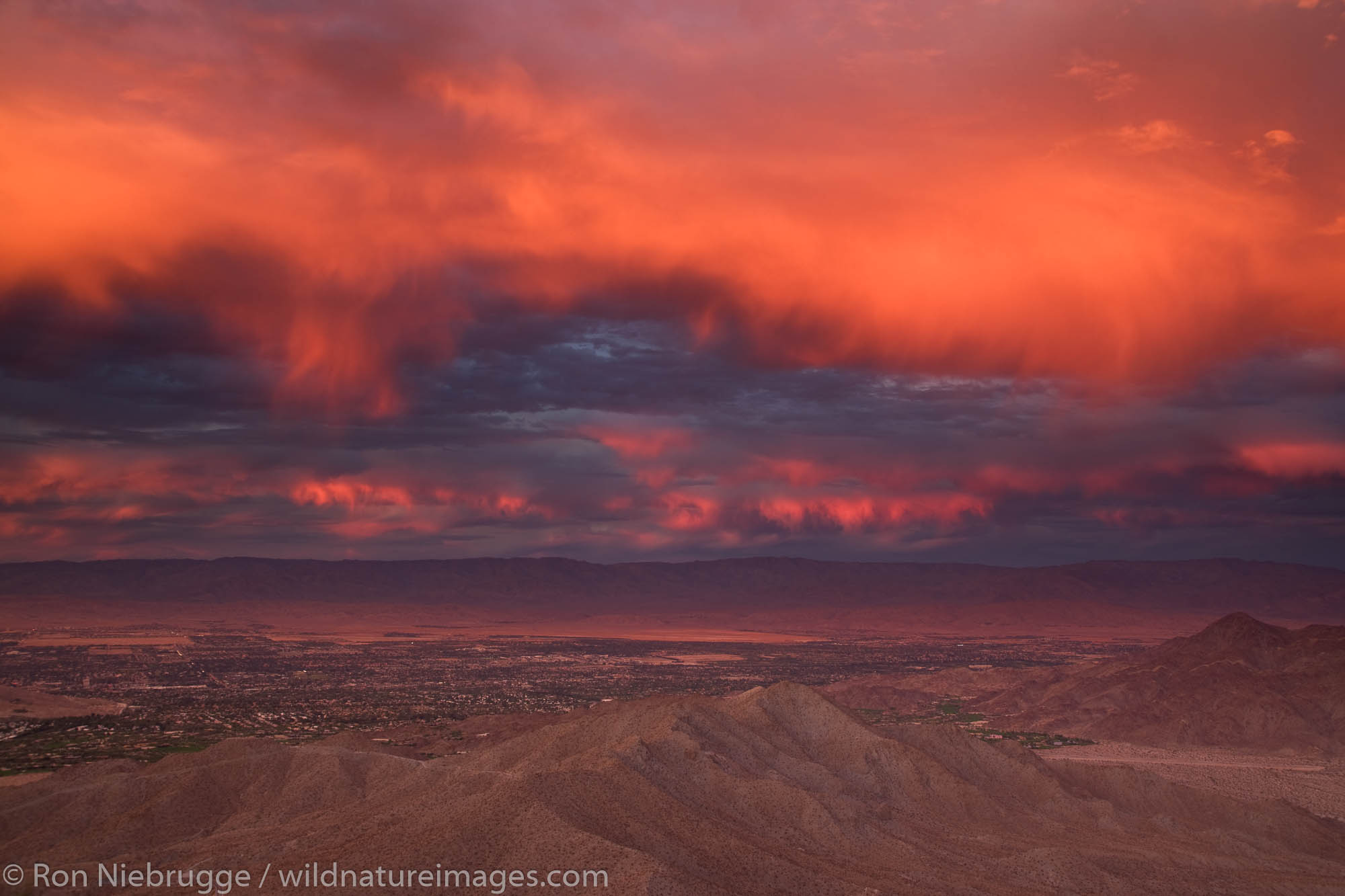 Sunset over Palm Desert and Rancho Mirage in the Coachella Valley, California.