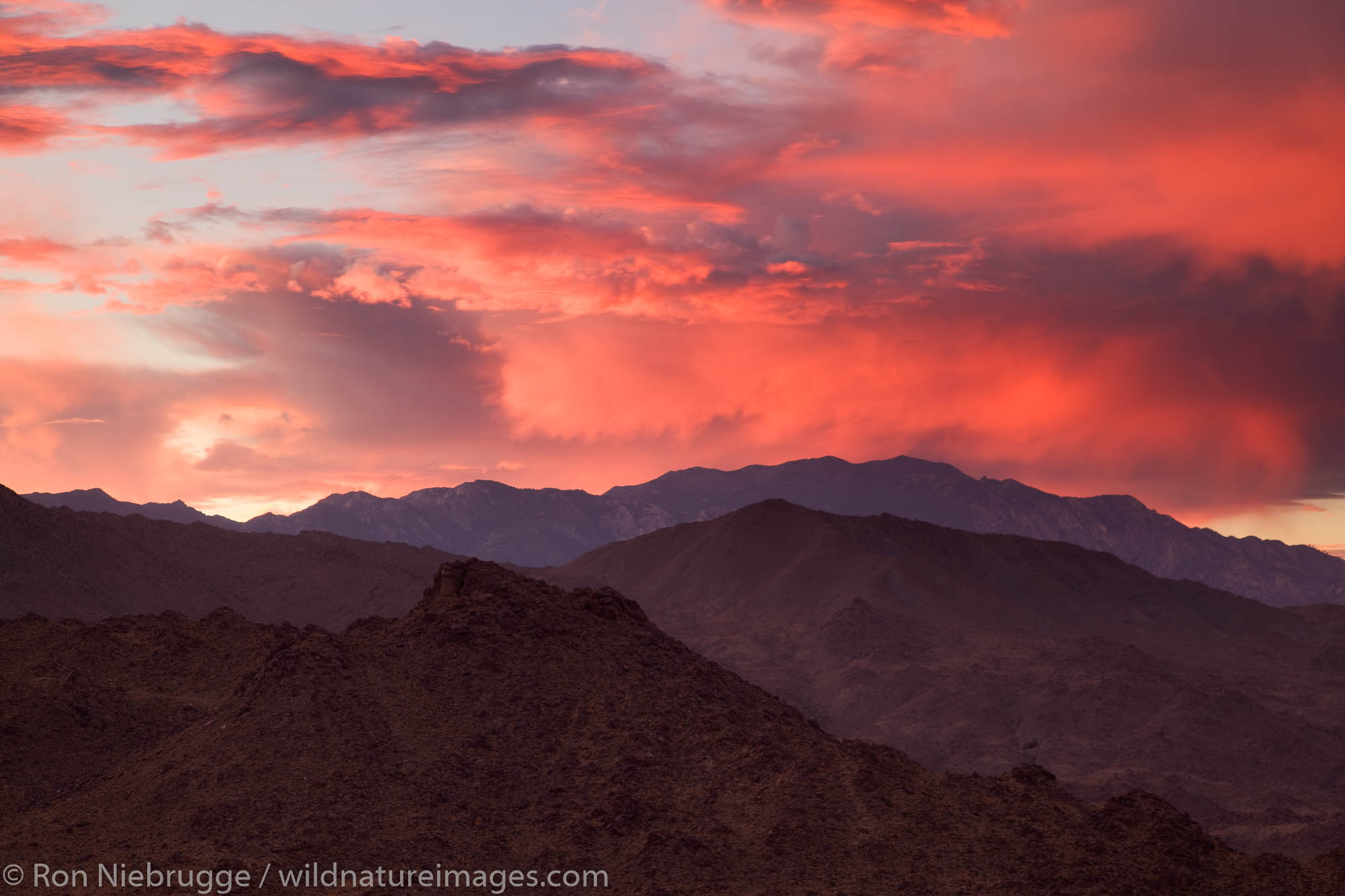 Sunset over the San Jacinto Mountains from Palm Desert and the Coachella Valley, California.