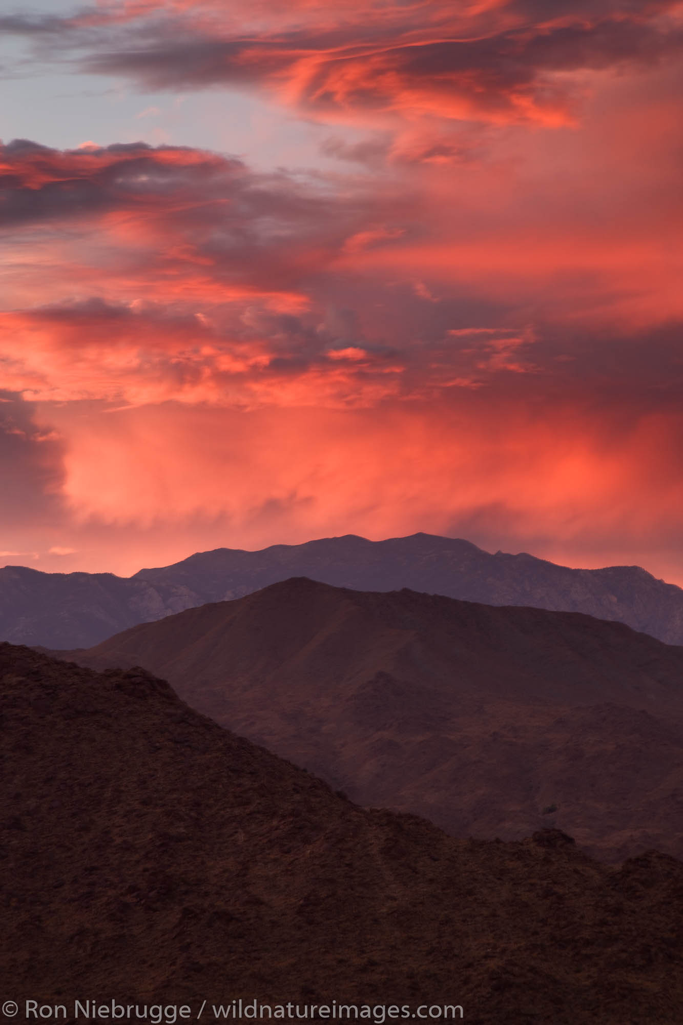 Sunset over the San Jacinto Mountains from Palm Desert and the Coachella Valley, California.