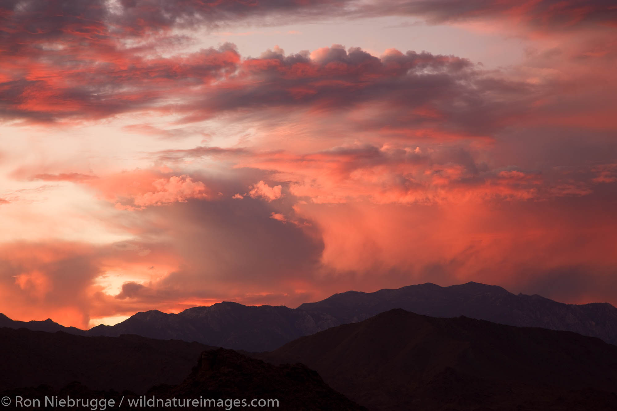 Sunset over the San Jacinto Mountains from Palm Desert and the Coachella Valley, California.