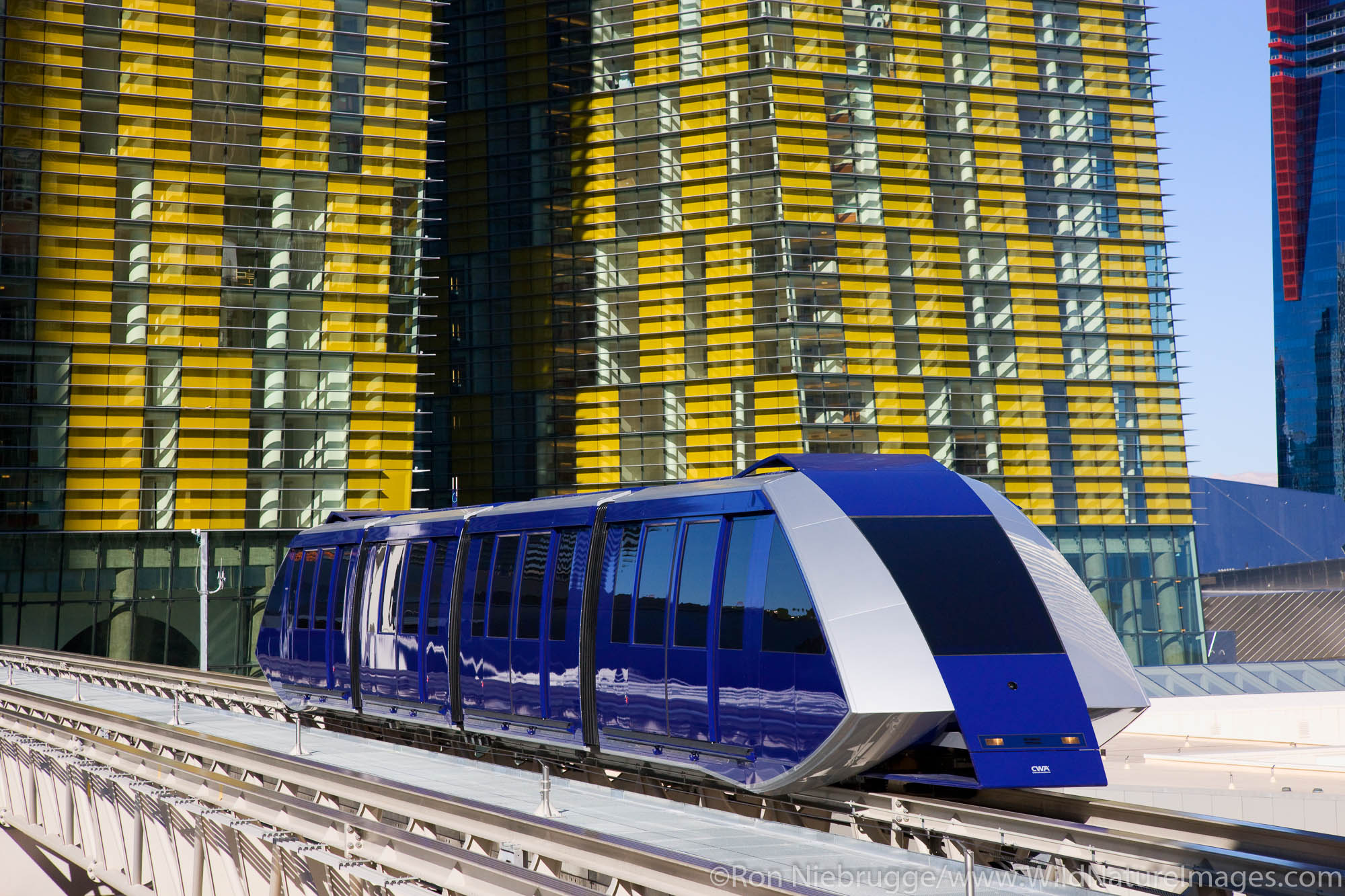 Tram with Veer Towers in the background, City Center, Las Vegas, Nevada.