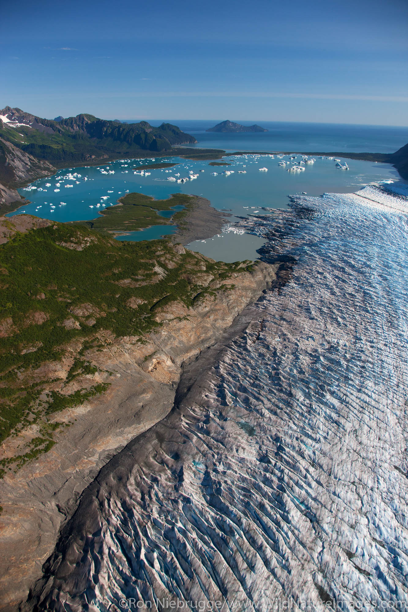 Aerial of Bear Glacier and Bear Lagoon, Kenai Fjords National Park, near Seward, Alaska.