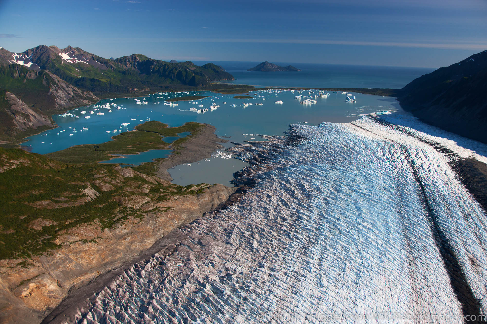 Aerial of Bear Glacier and Bear Lagoon, Kenai Fjords National Park, near Seward, Alaska.