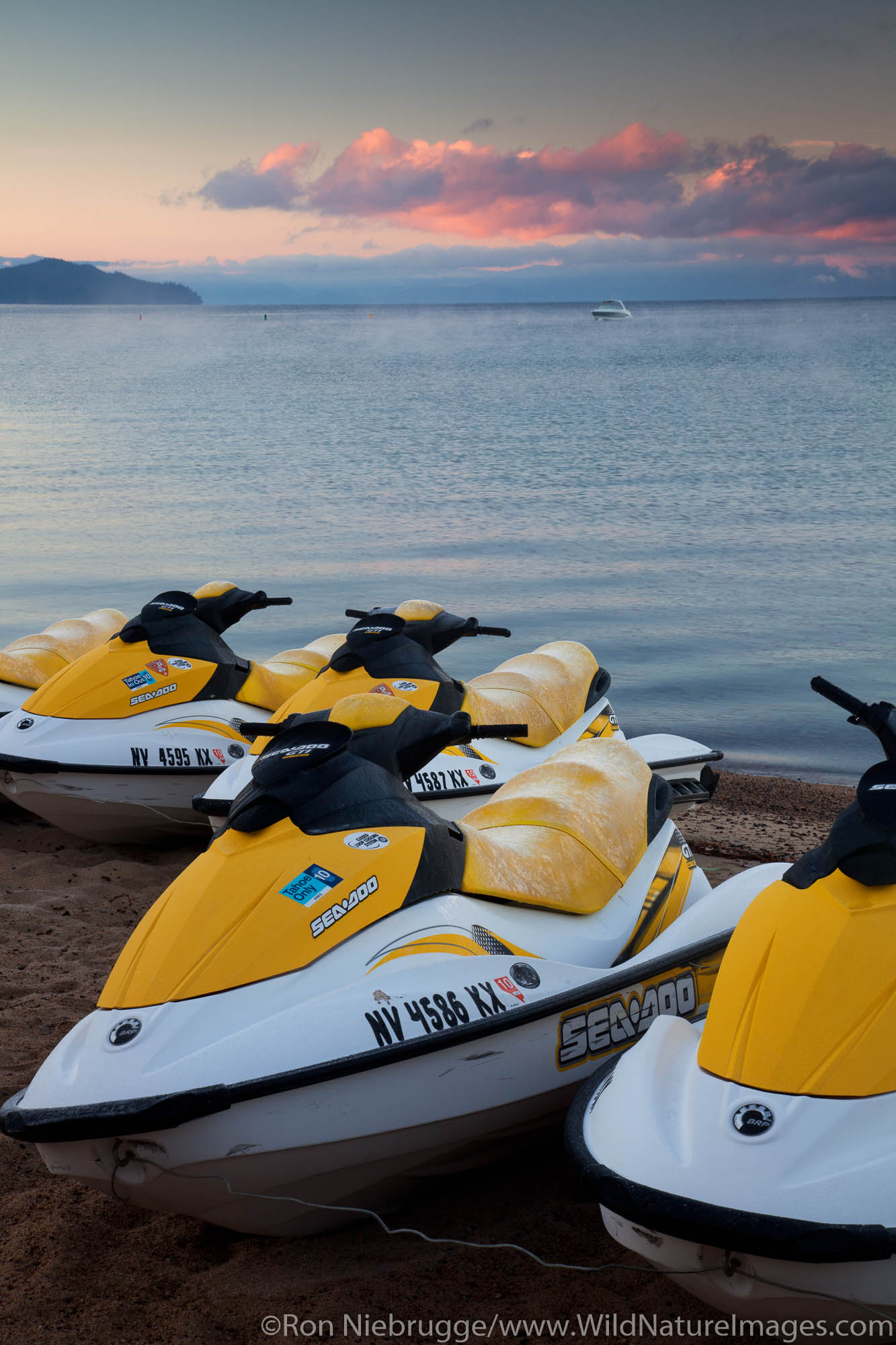 Jet skis on beach at Lake Tahoe, Nevada