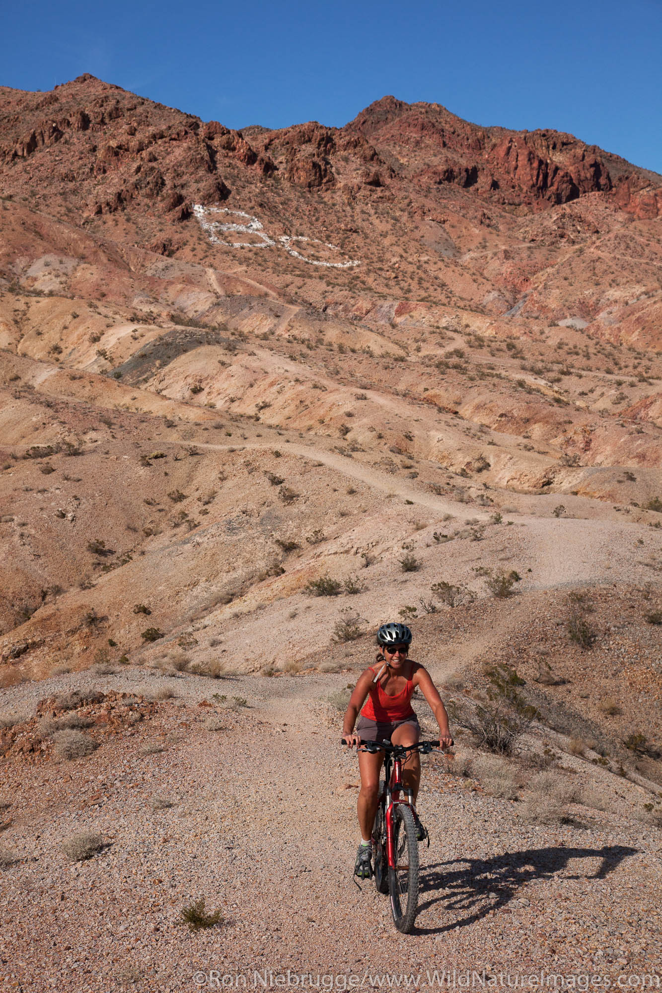 Mountain biking on the trails at Bootleg Canyon Mountain Bike Park, Boulder City, Nevada (model released)