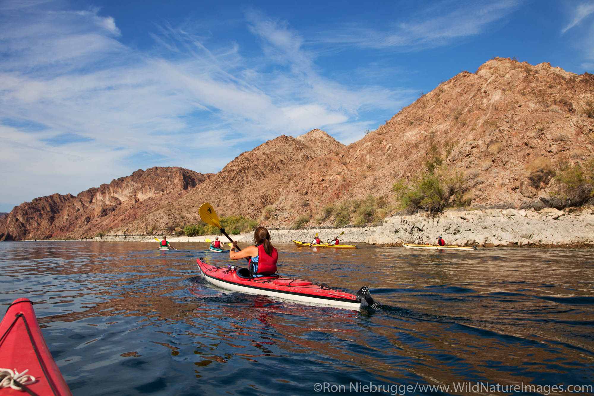 Kayking Black Canyon on the Colorado River, Mojave Desert. (model released)