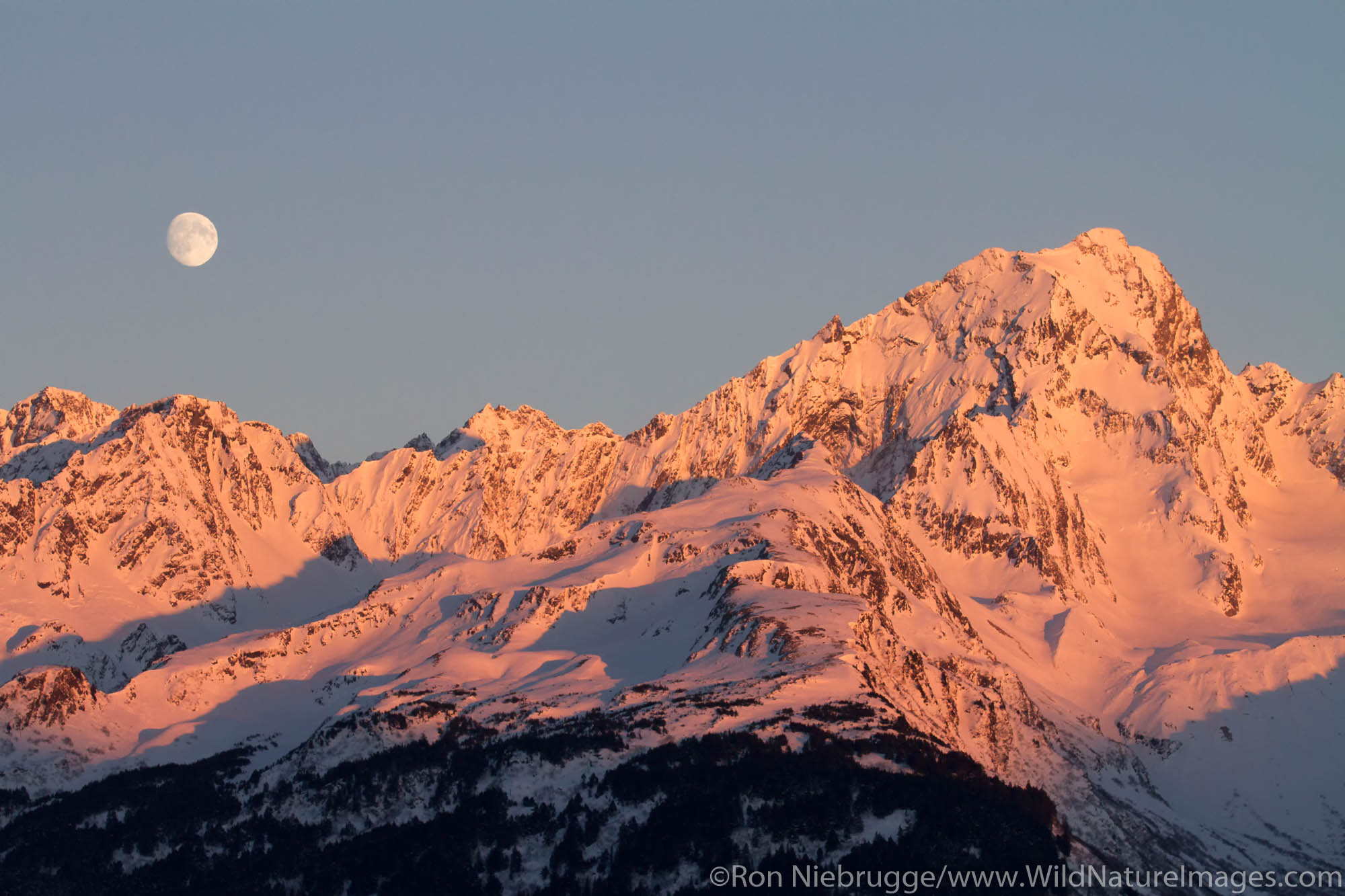Full moon over the mountain of the Chugach National Forest, Seward, Alaska.
