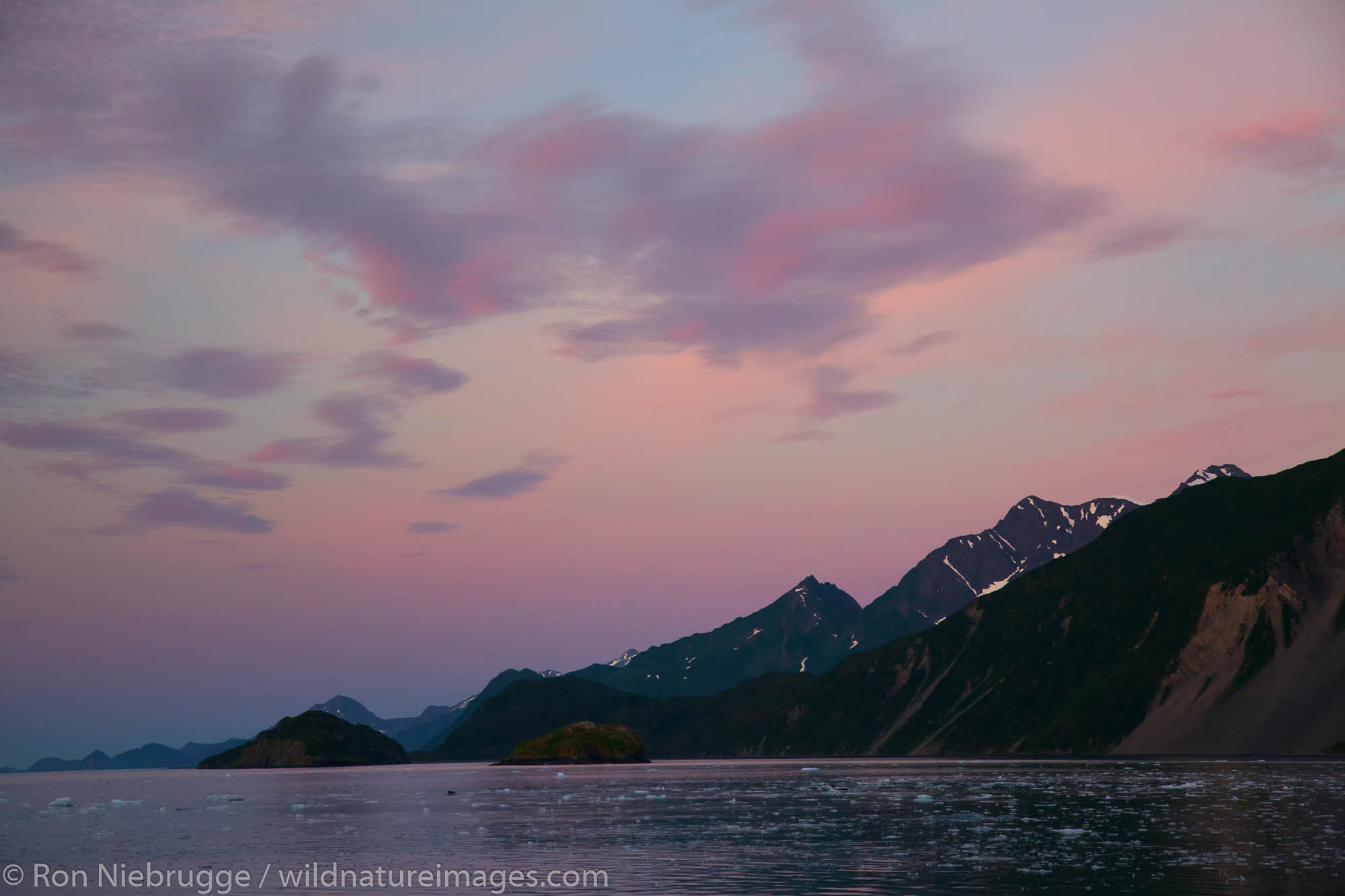 Sunrise on Aialik Glacier and Aialik Bay, Kenai Fjords National Park, near Seward, Alaska.