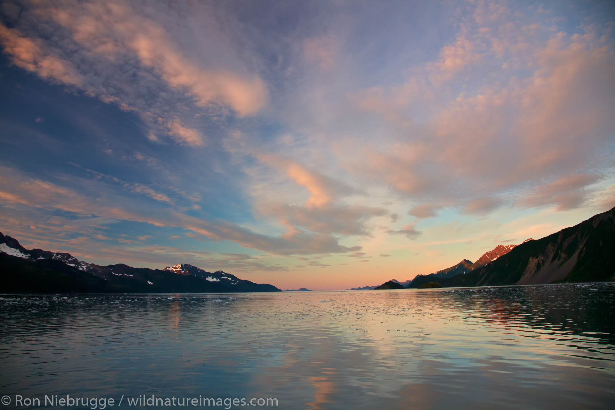 Sunrise on Aialik Glacier and Aialik Bay, Kenai Fjords National Park, near Seward, Alaska.