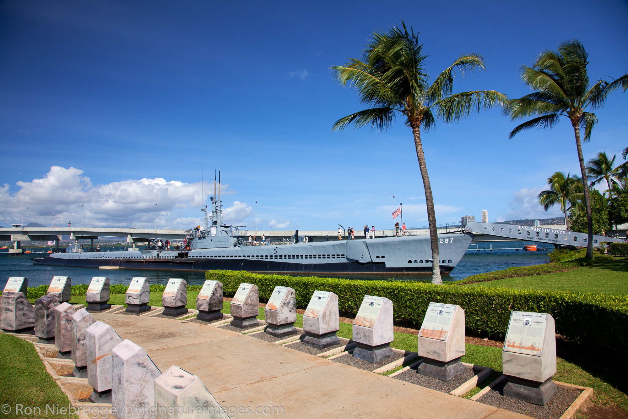 Submarine USS Bowfin at the USS Arizona Memorial, Pearl Harbor, Honolulu, Hawaii.