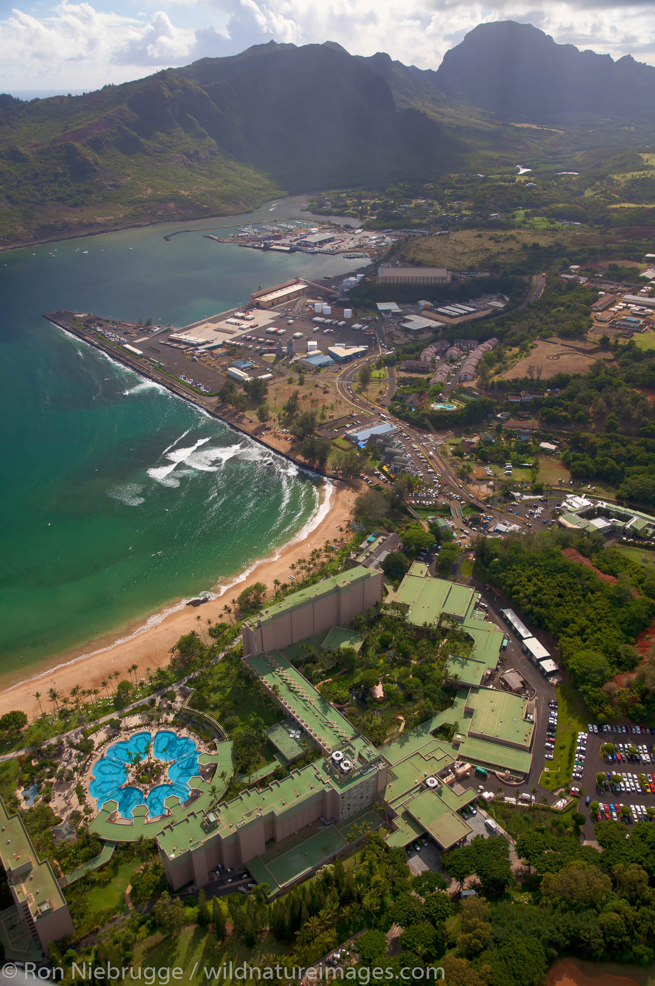 Aerial of Nawiliwili Harbor, Kalapaki Beach and the Kauai Marriott Resort, Lihu'e, Kauai, Hawaii.