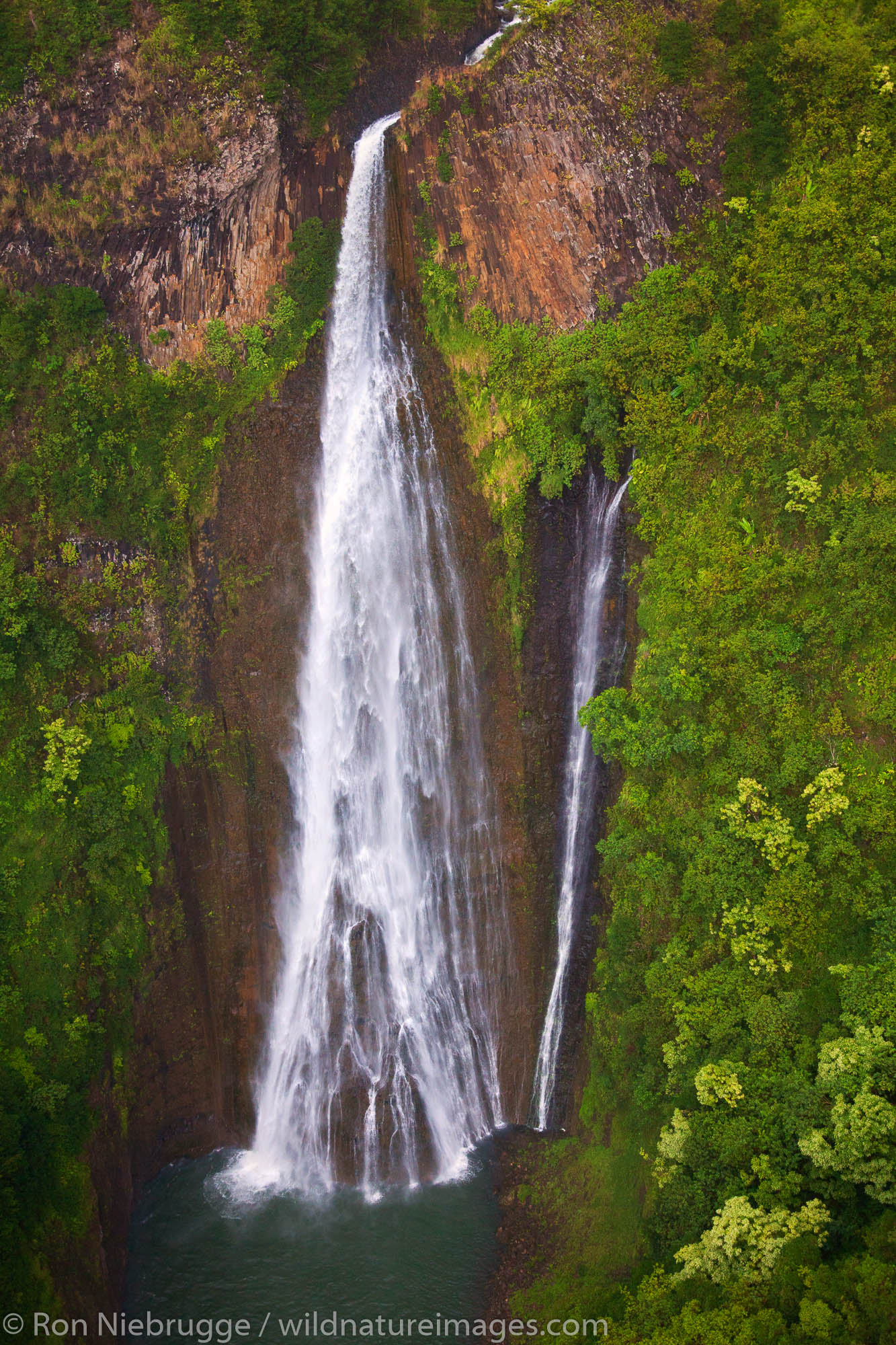 Aerial of Manawaiopuna Falls,  more famously known as the Jurassic Falls because it was featured in the movie.  Kauai, Hawaii...