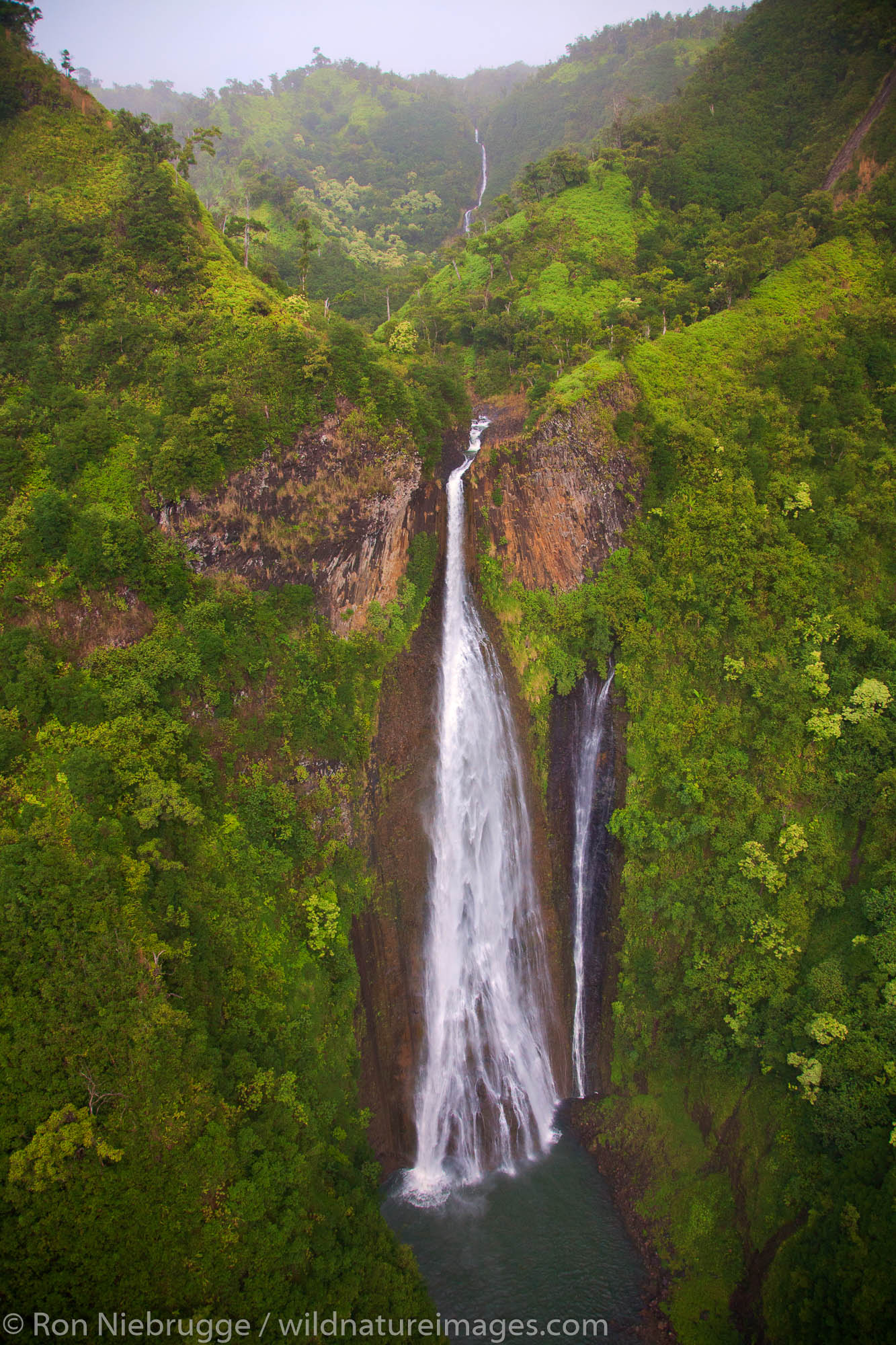 Aerial of Manawaiopuna Falls,  more famously known as the Jurassic Falls because it was featured in the movie.  Kauai, Hawaii...