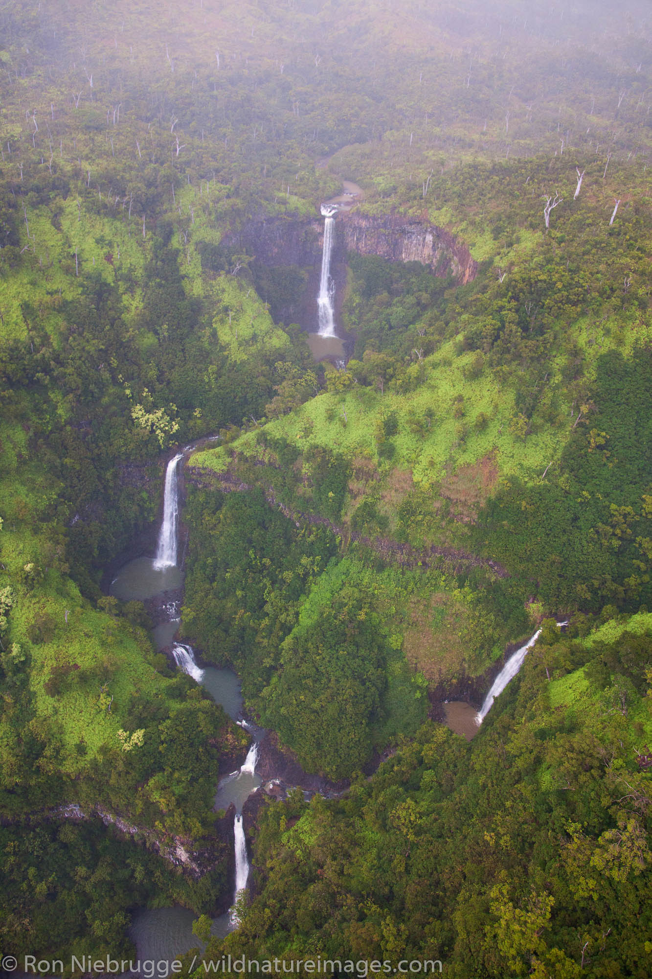 Aerial of waterfalls, Kauai, Hawaii.