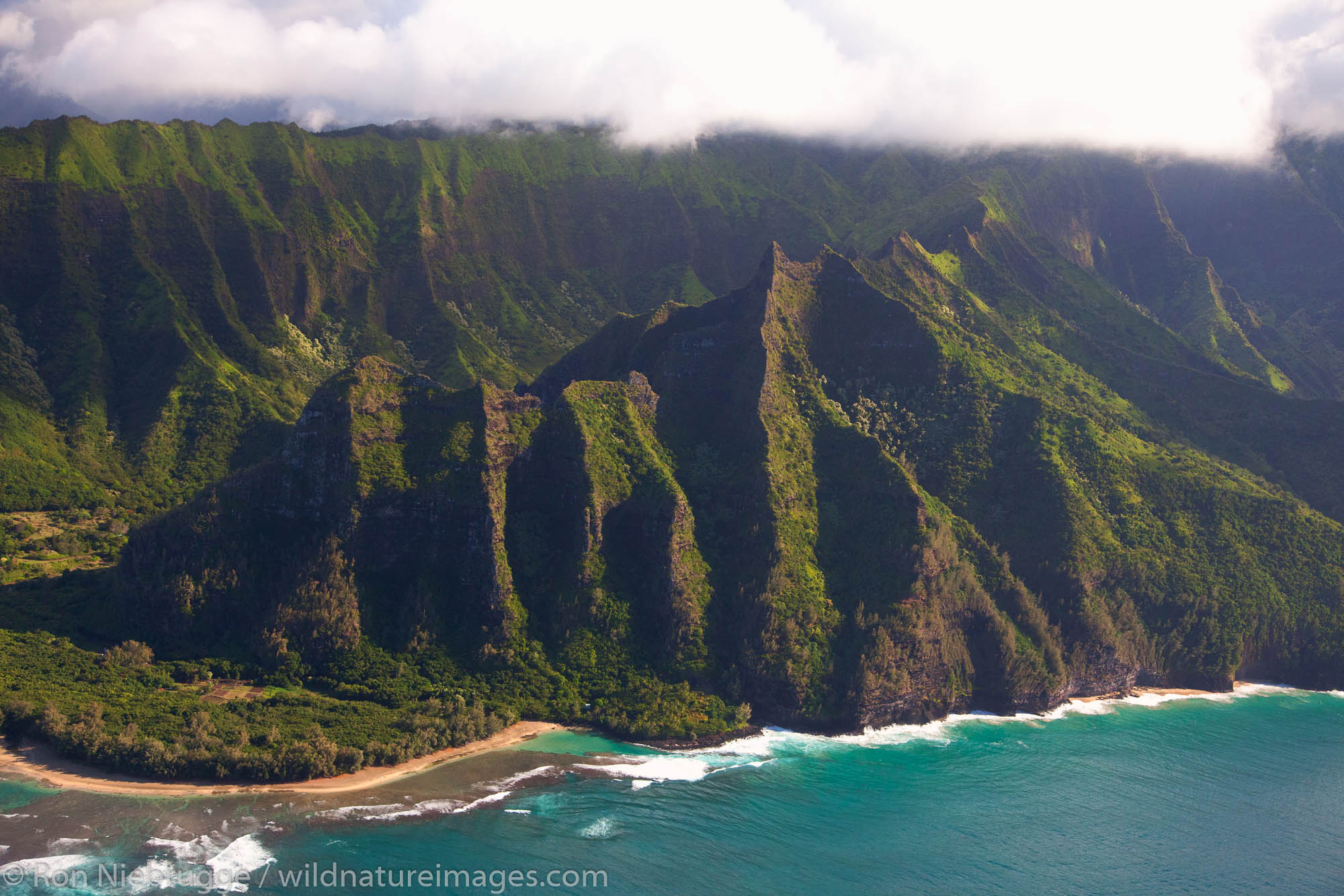 Aerial of Ke'e Beach, Na Pali Coast, Kauai, Hawaii.