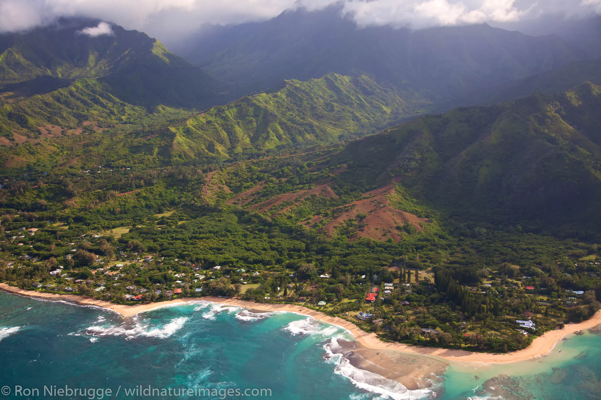 Aerial Kepuhi Beach and Tunnels Beach, Kauai, Hawaii.
