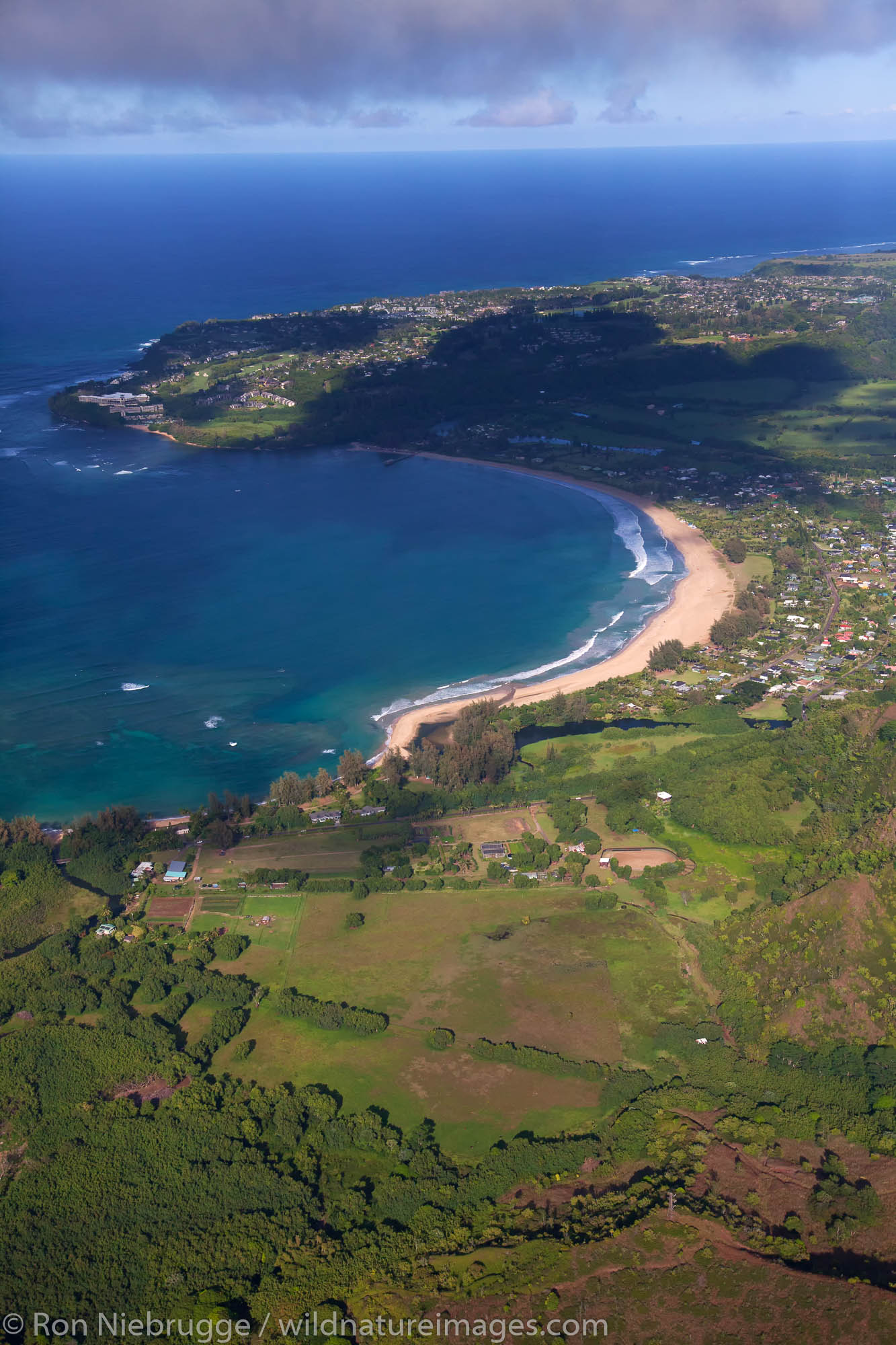 Aerial Hanalei Bay and the Princeville area, Hanalei, Kauai, Hawaii.