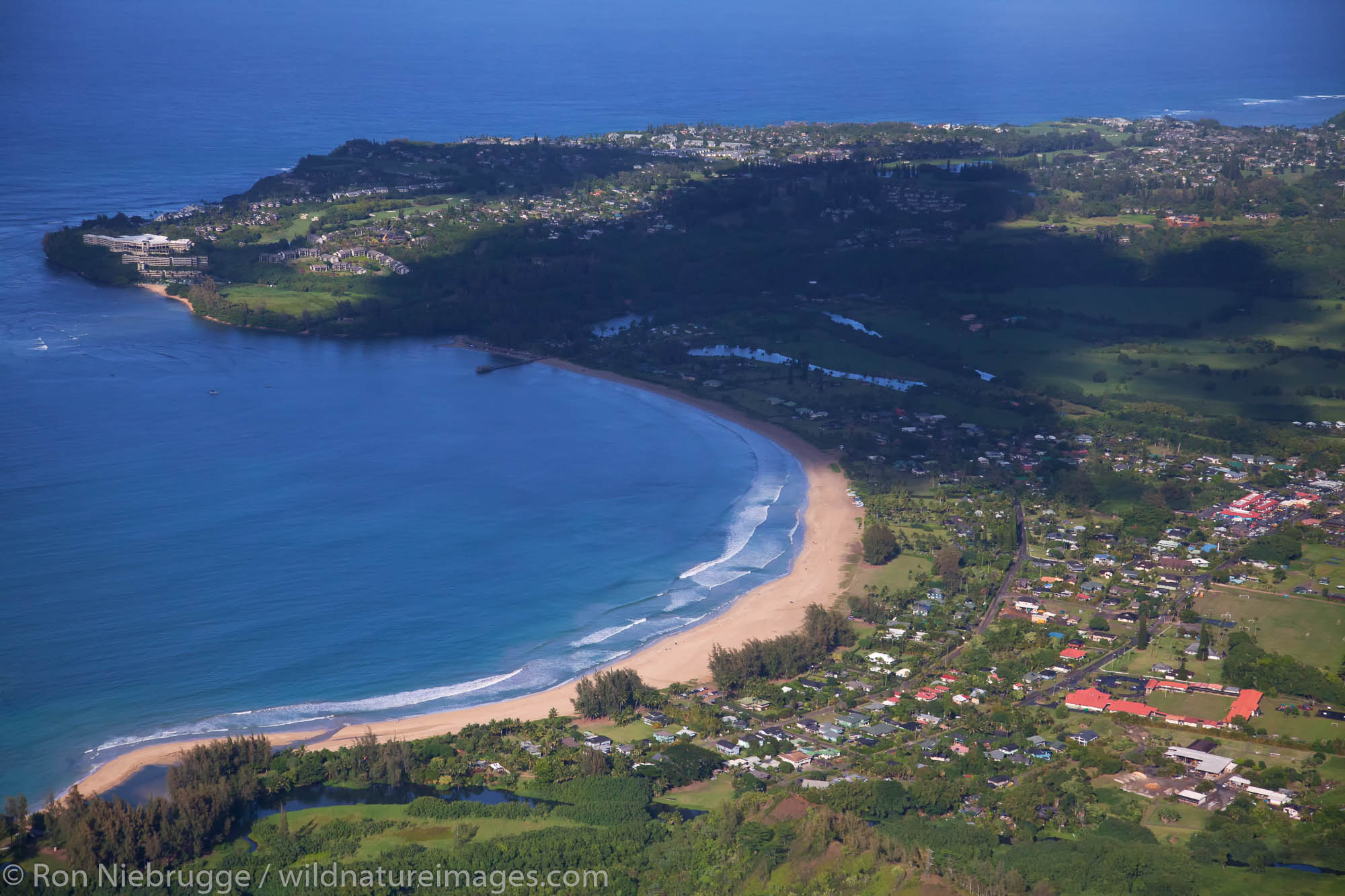 Aerial Hanalei Bay and the Princeville area, Hanalei, Kauai, Hawaii.